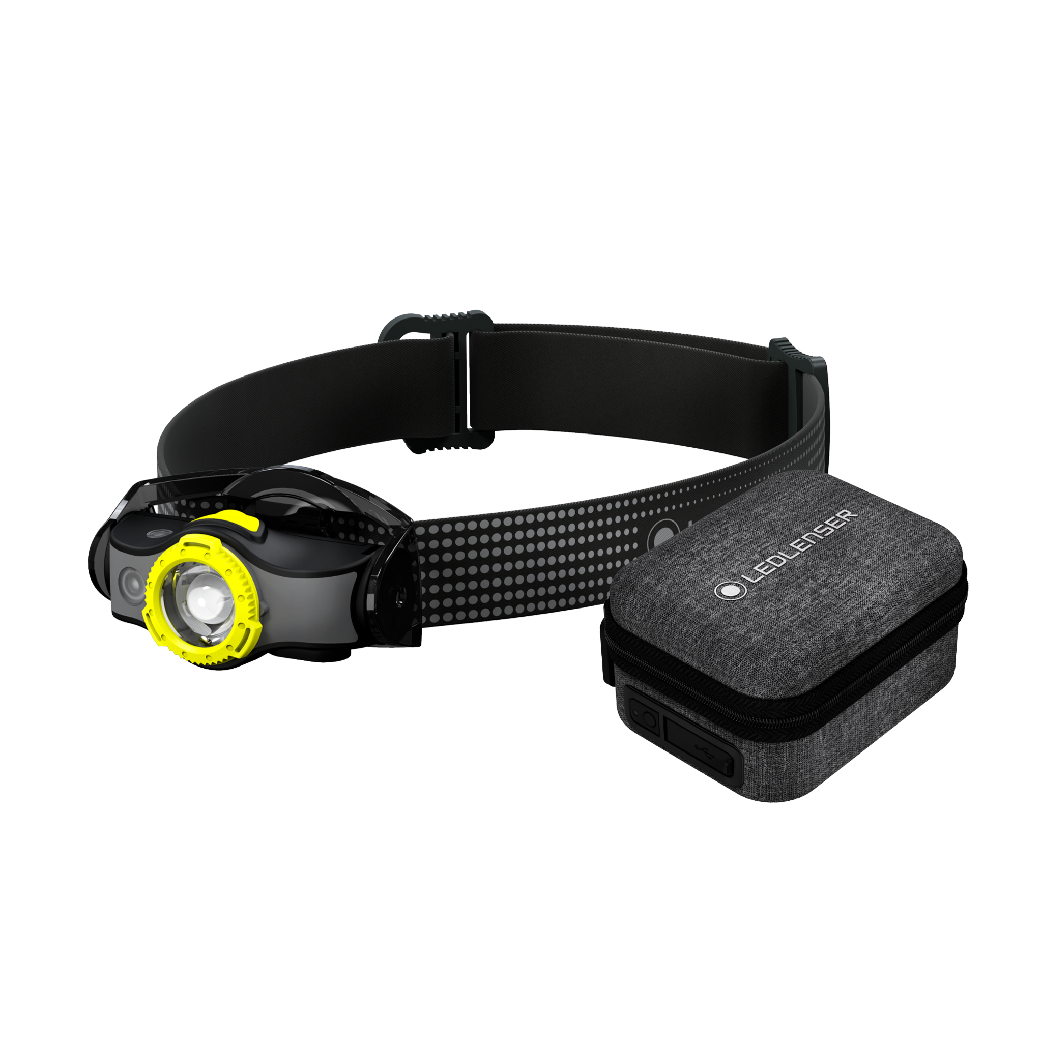 Ledlenser MH5 Powercase Combo headlamp with yellow bezel and black adjustable strap shown with charging case