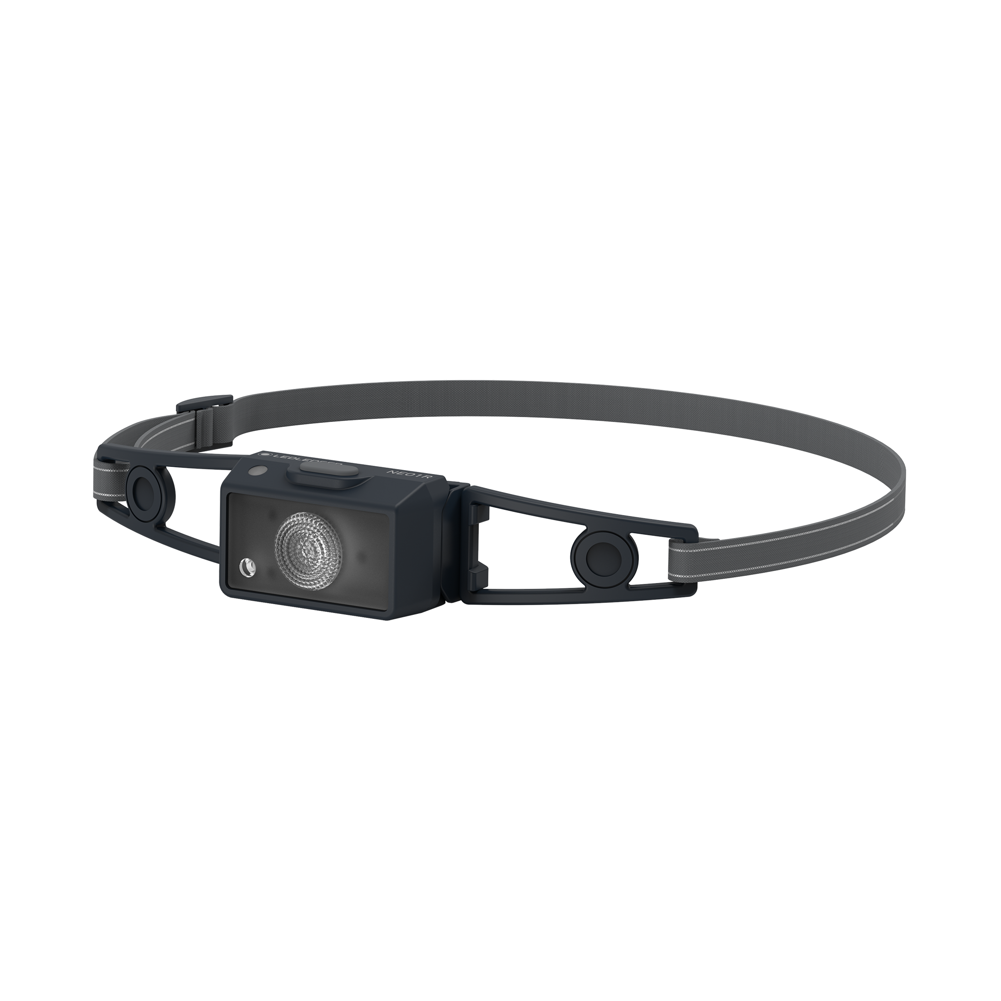Ledlenser NEO1R rechargeable headlamp with dark headband and rectangular front light mounted on strap shown from side profile