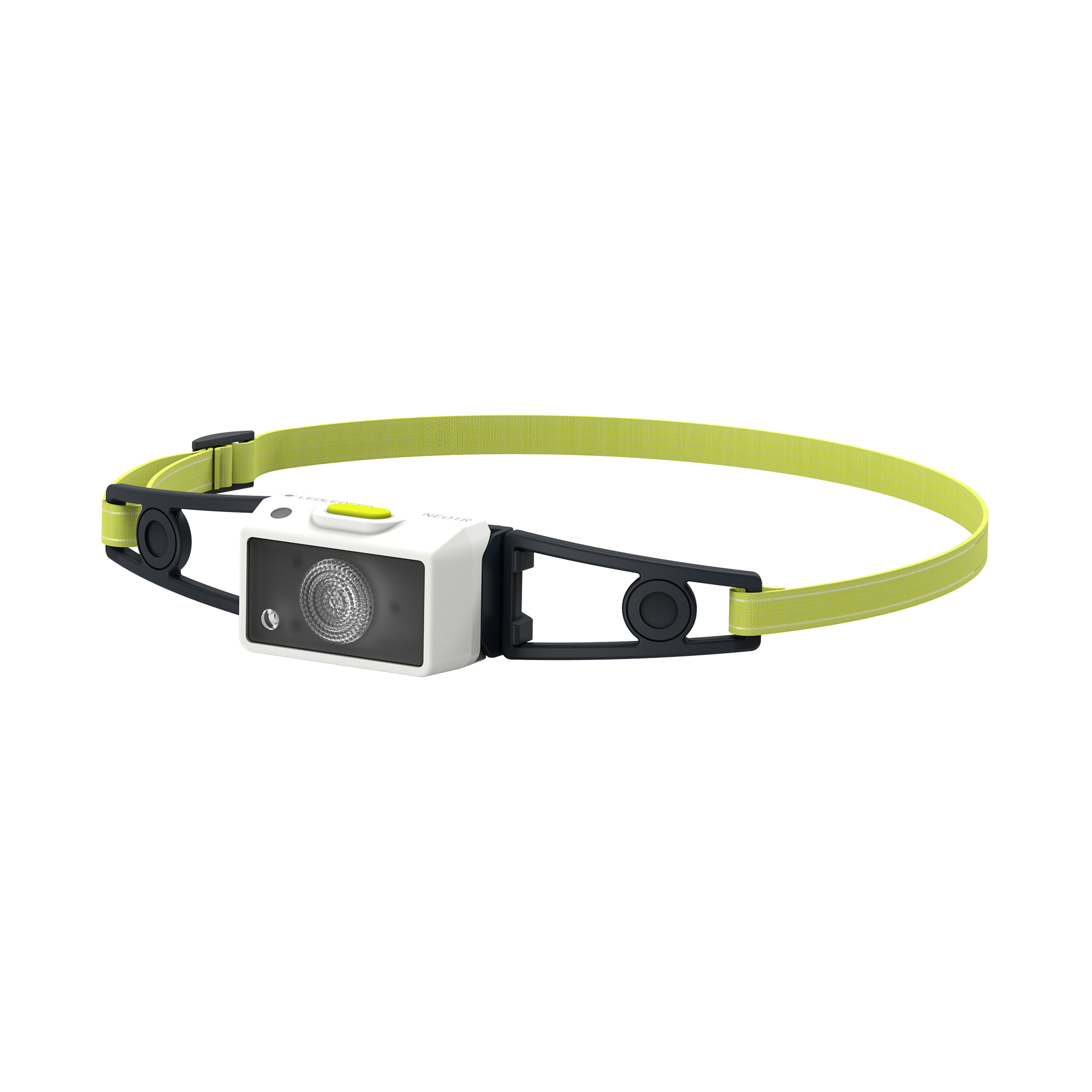 NEO1R Running Headlamp with lime green headband and white front housing mounted on black adjustable strap for hands free lighting