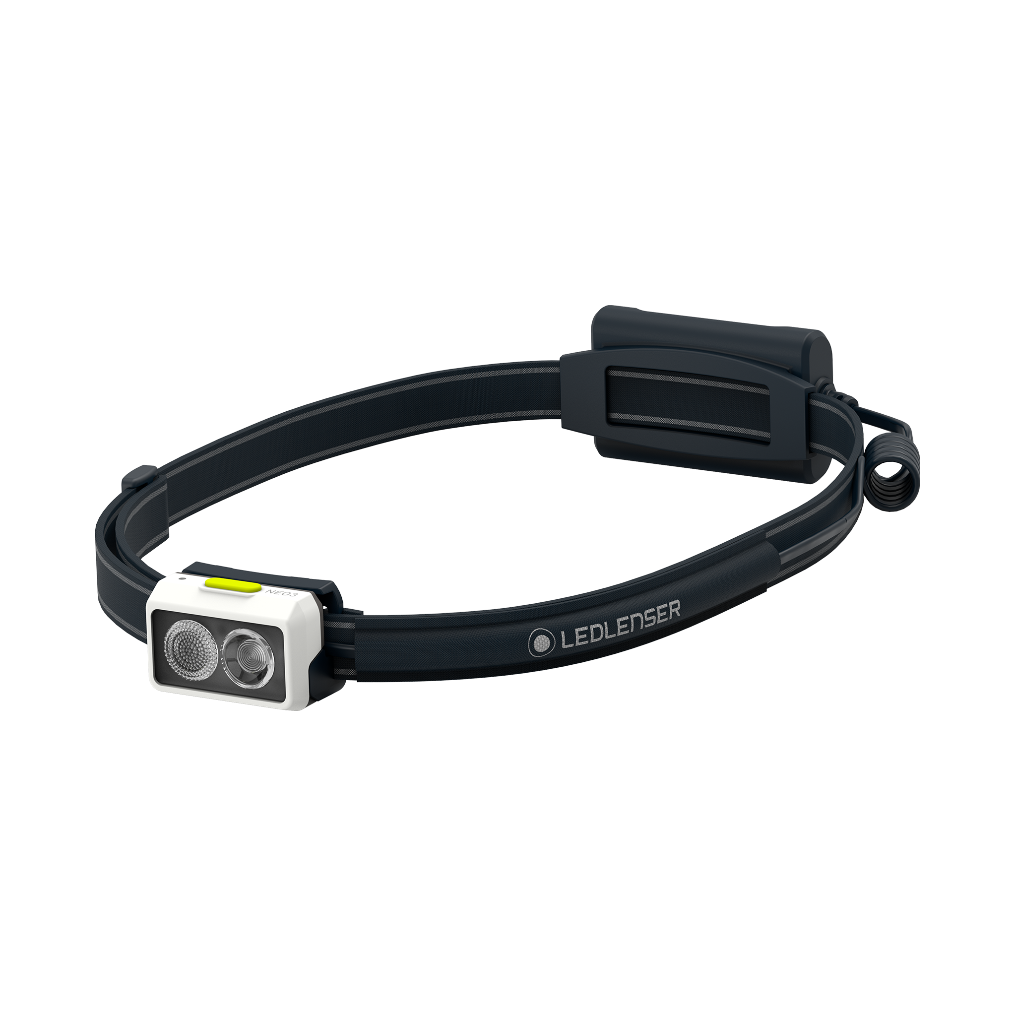 NEO3 Running Headlamp by Ledlenser with white dual LED front module on a black adjustable headband and back battery pack visible