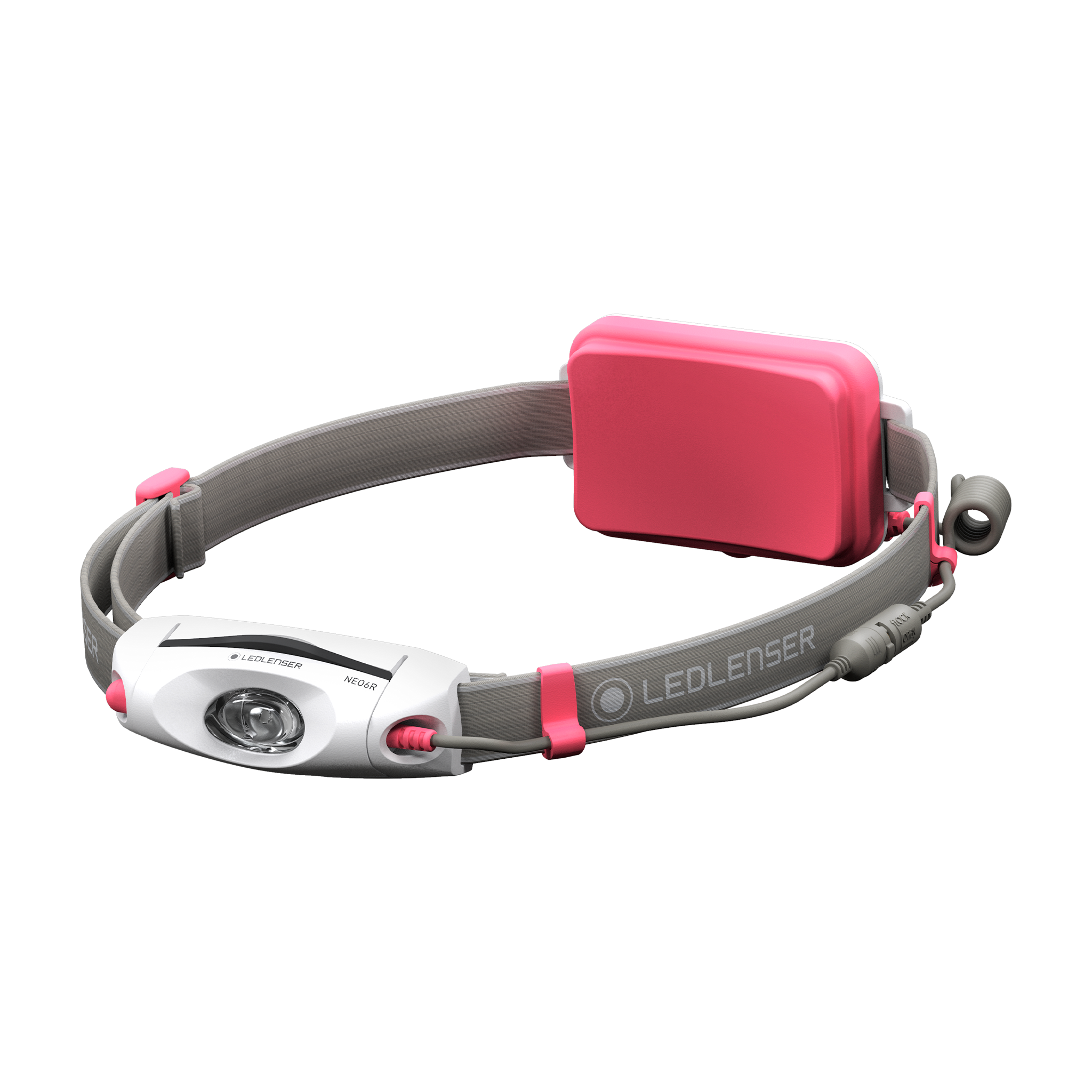 NEO6R Rechargeable Headlamp with pink battery module on grey head strap front light housing and adjustable band shows in wear setup