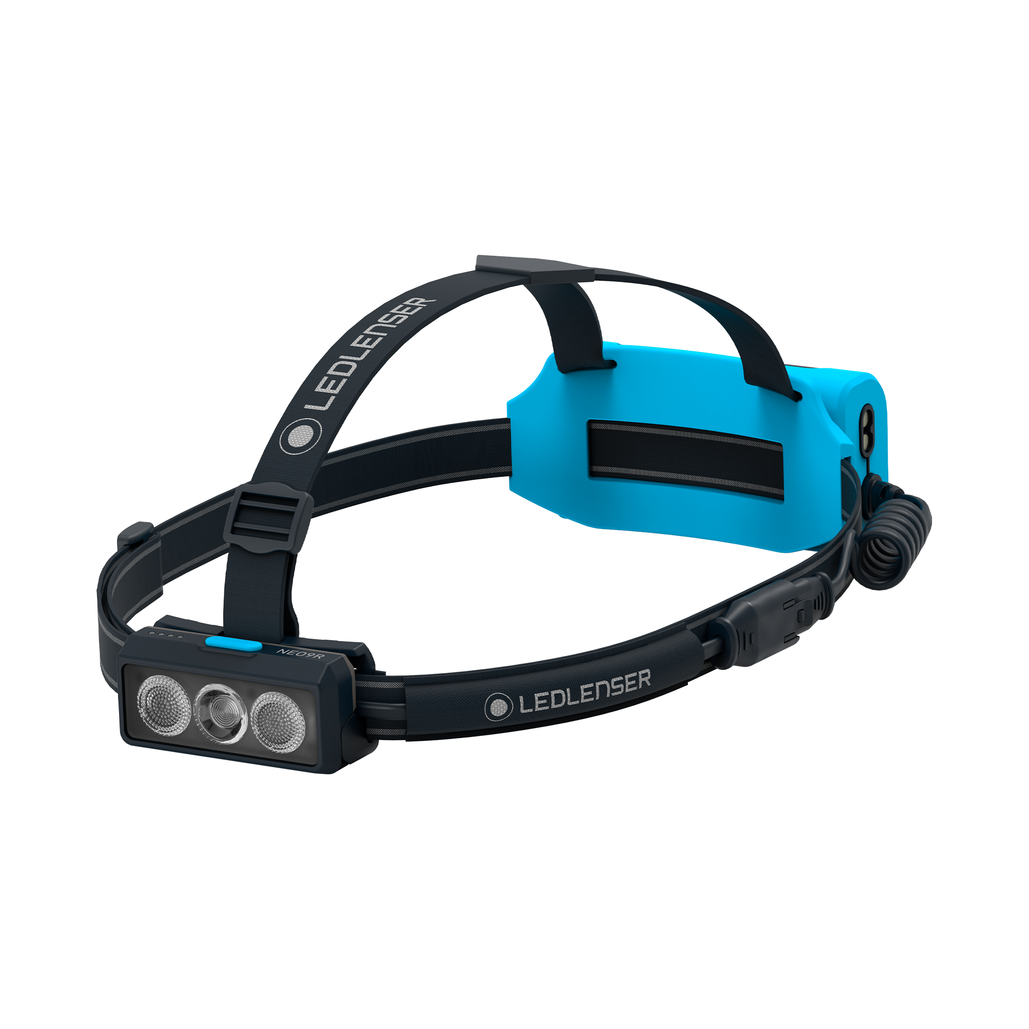 NEO9R Running Headlamp by Ledlenser featuring a blue battery pack black headband and three front LEDs