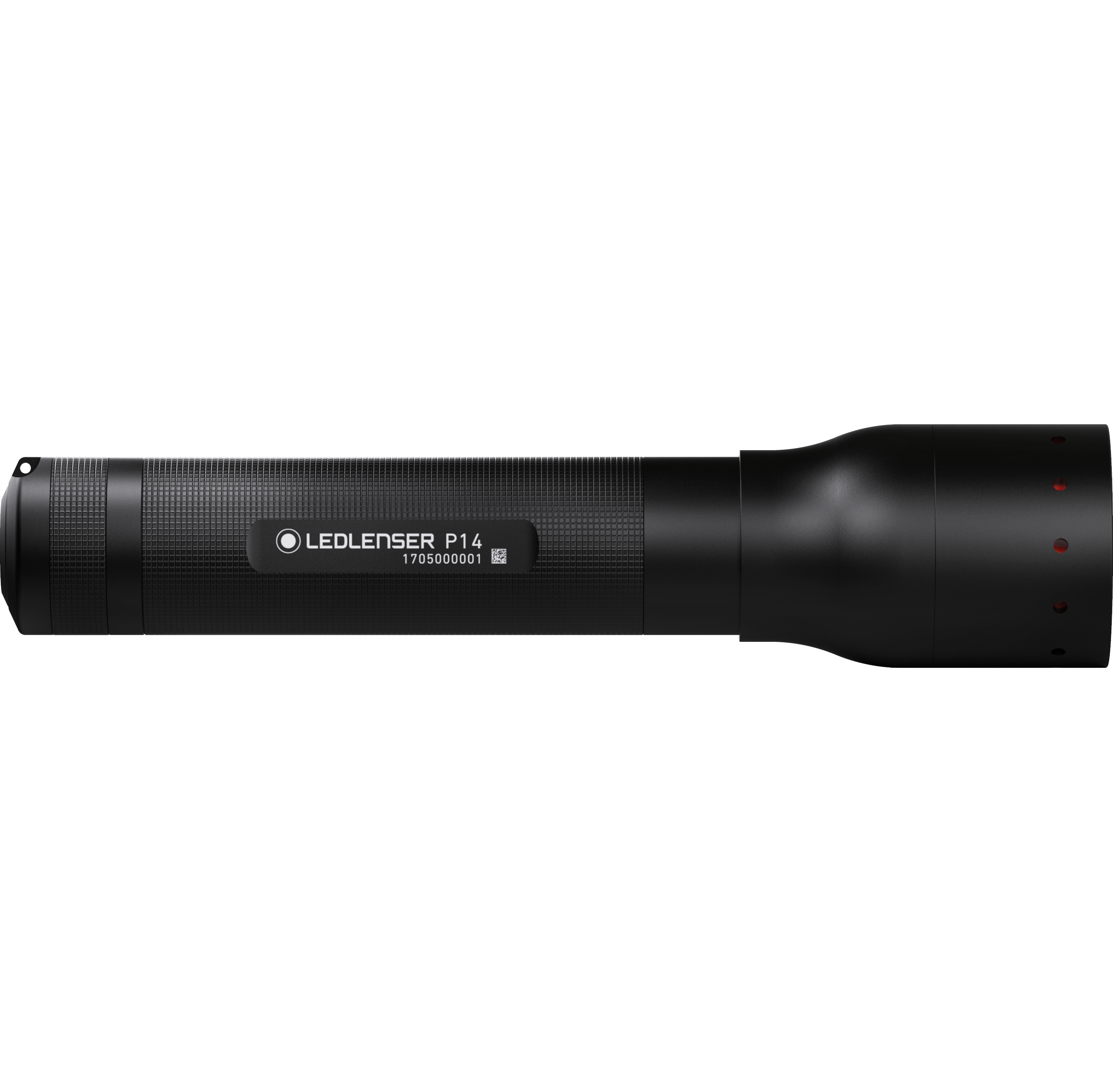 Ledlenser P14 flashlight in side profile with textured grip black finish and P14 label on the body