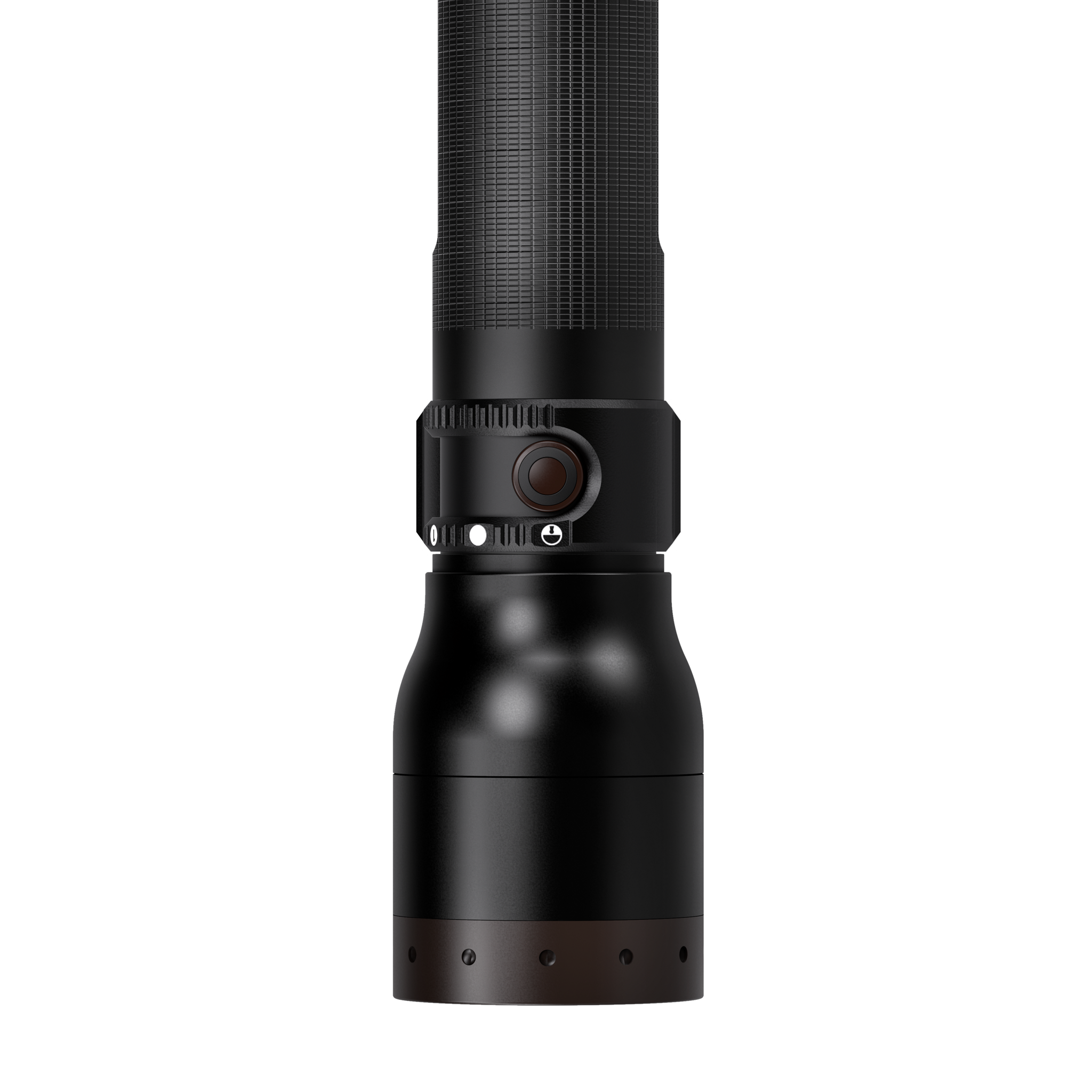 Ledlenser P17R Core Torch close up of head section and control ring on a black cylindrical body with textured grip