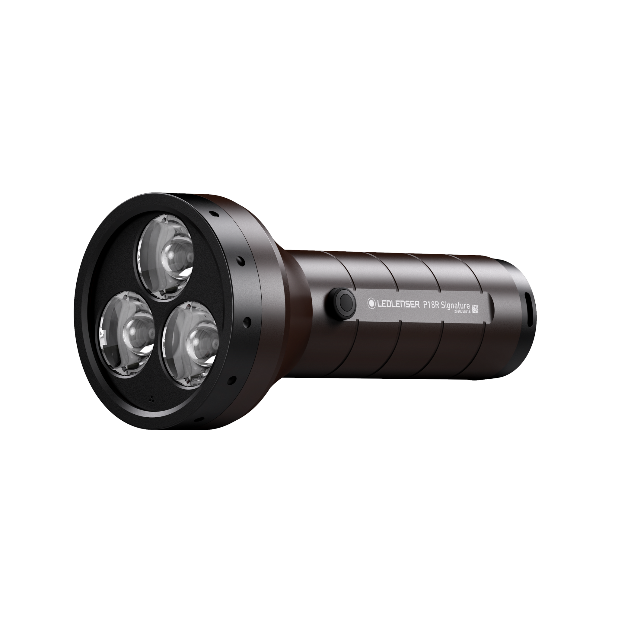 Ledlenser P18R Signature Torch shown in side profile with a three lens head and brown anodised cylindrical body