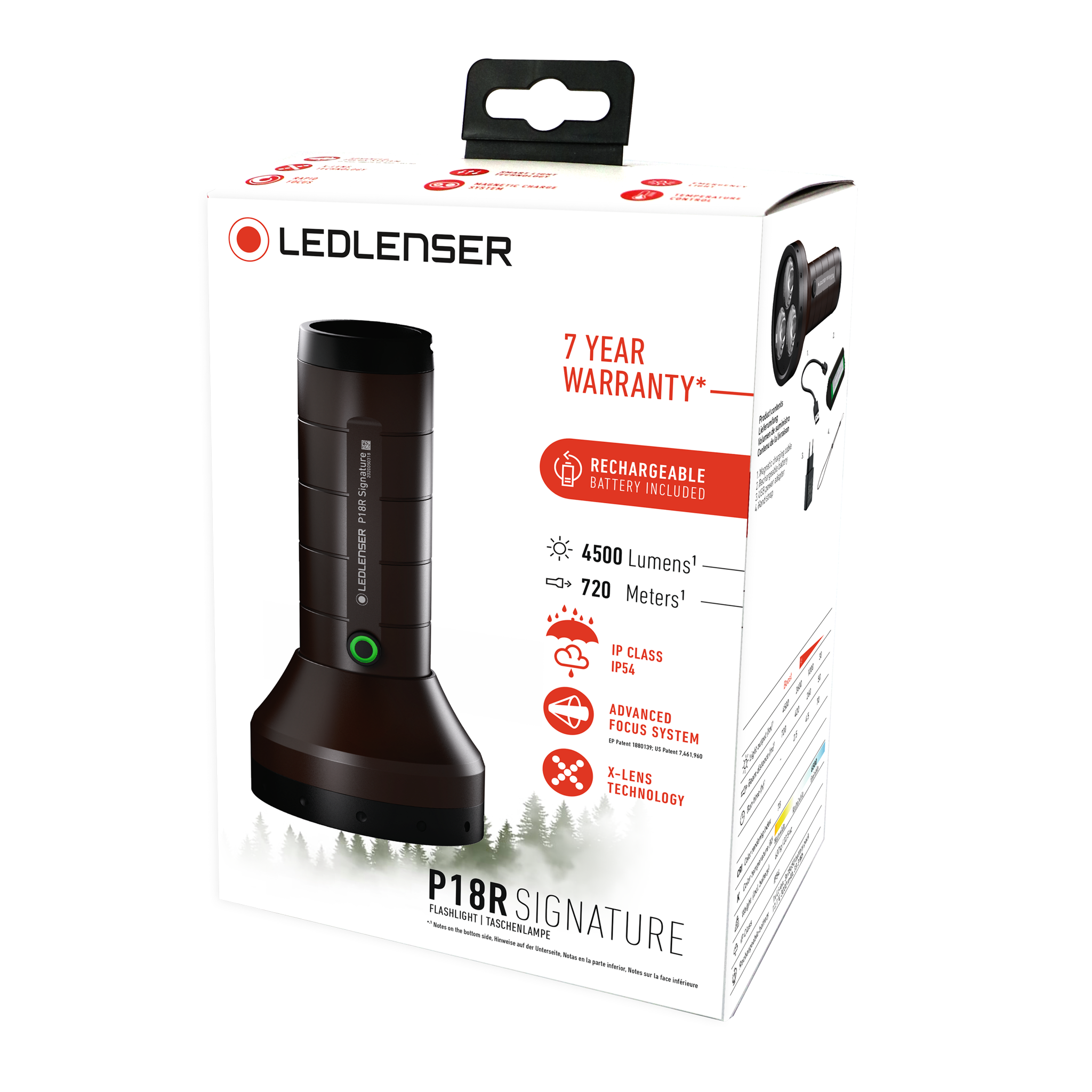 Ledlenser P18R Signature torch on white packaging box with handle brown black body and green button