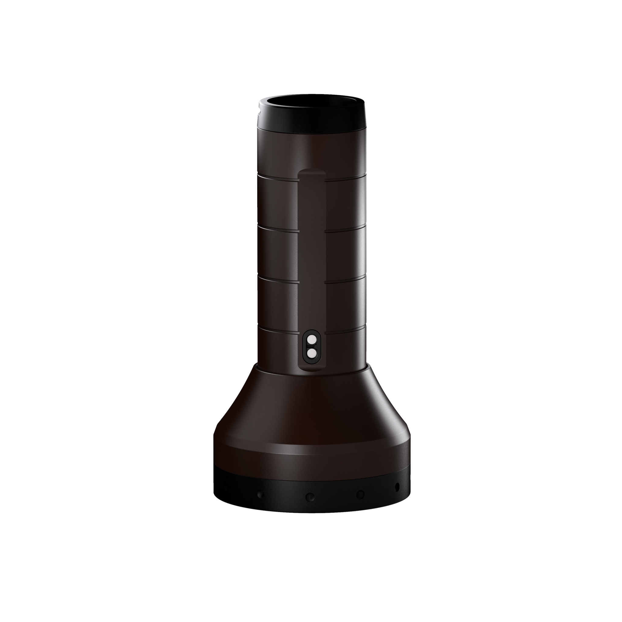 Ledlenser P18R Signature Torch upright on docking base with brown grooved cylindrical body and black top and base