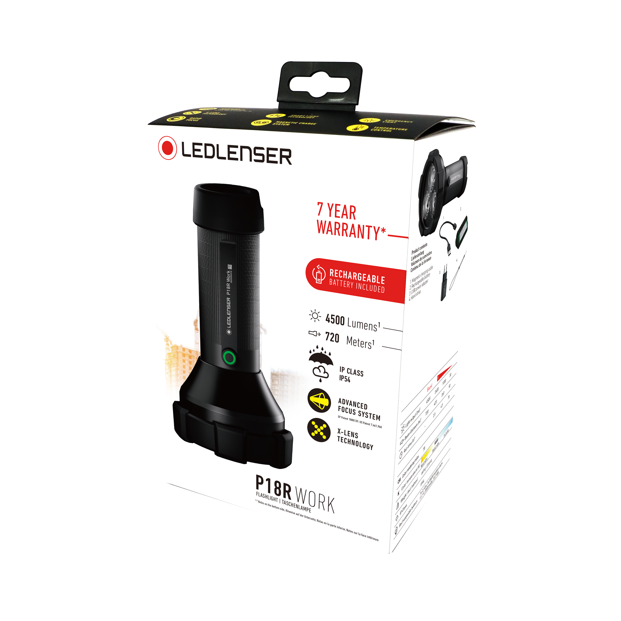 Ledlenser P18R Work Torch packaging featuring a black handheld torch front lit box with 7 year warranty and Rechargeable Battery Included labels