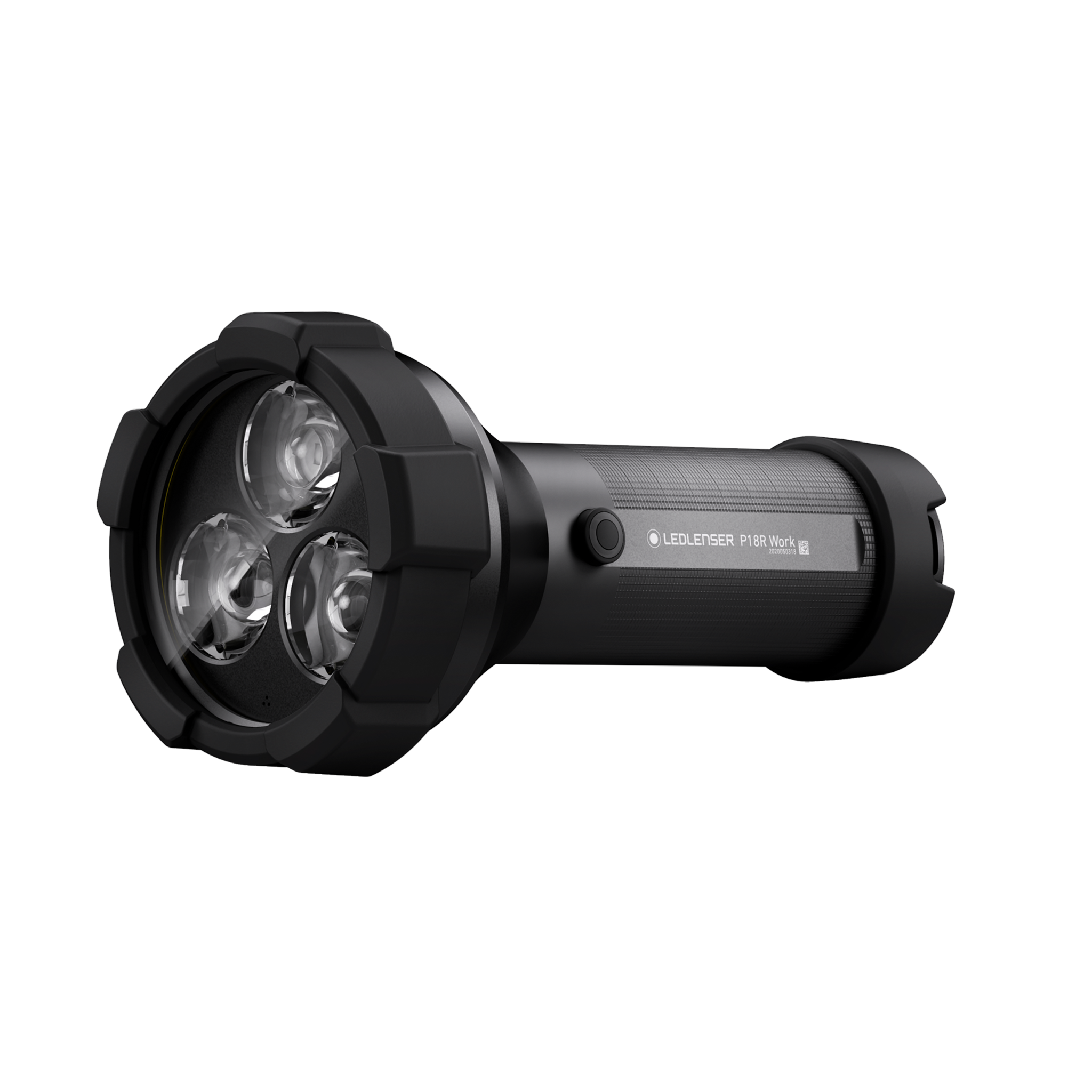 Ledlenser P18R Work Torch with a black cylindrical body and a three lens front head shown from a left front angle