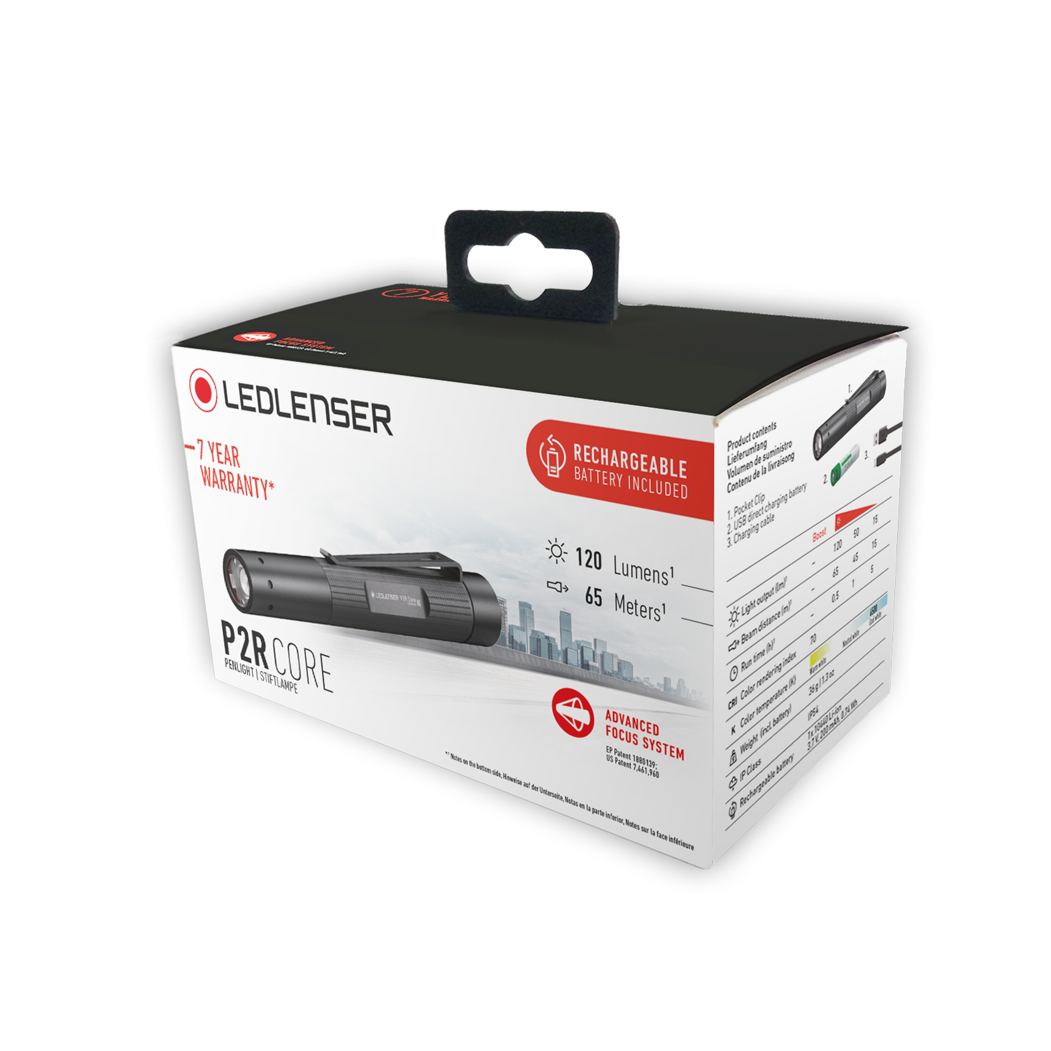 Ledlenser P2R Core Torch packaging box with image of the torch rechargeable battery included and branding