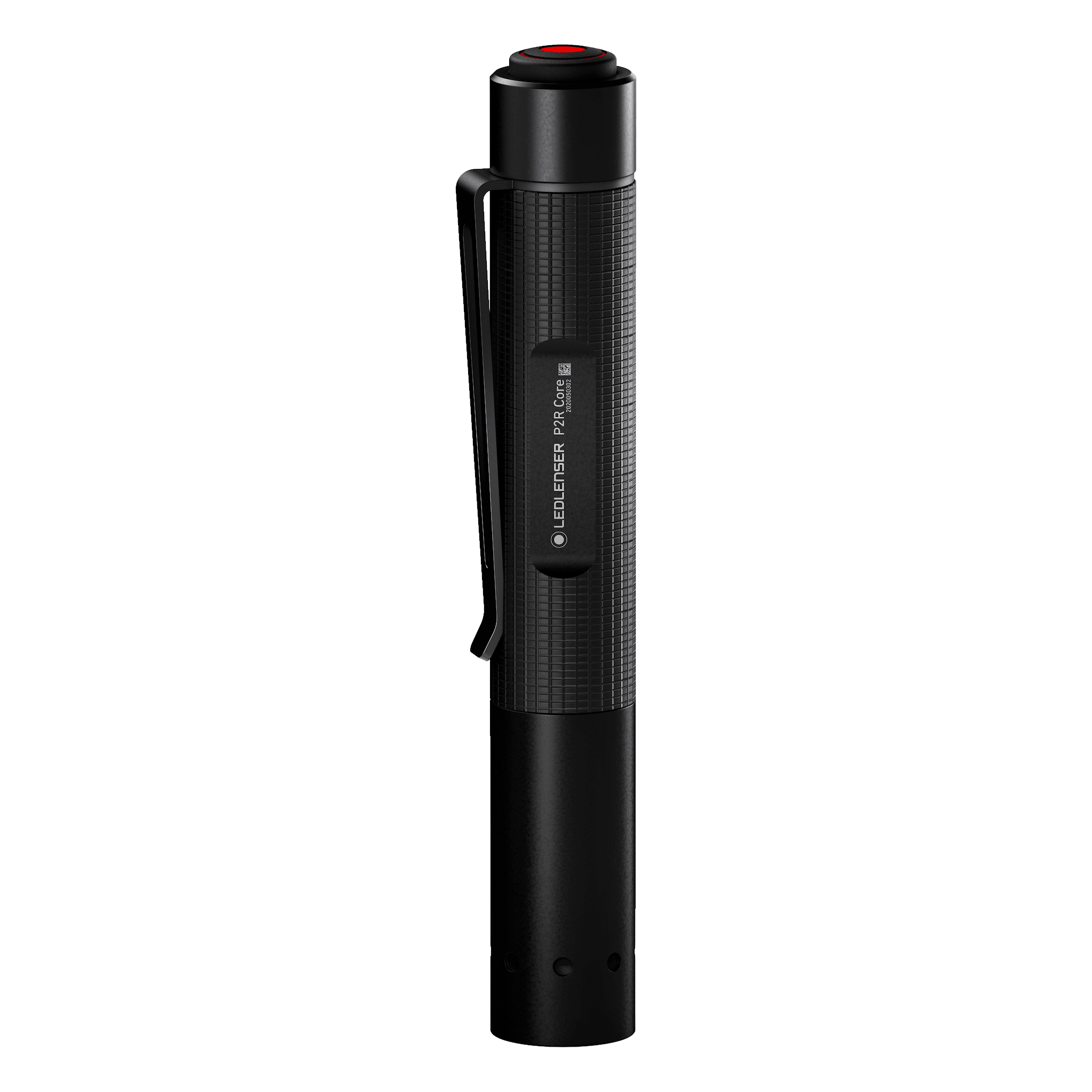 Ledlenser P2R Core Torch in black with textured grip and side clip shown upright