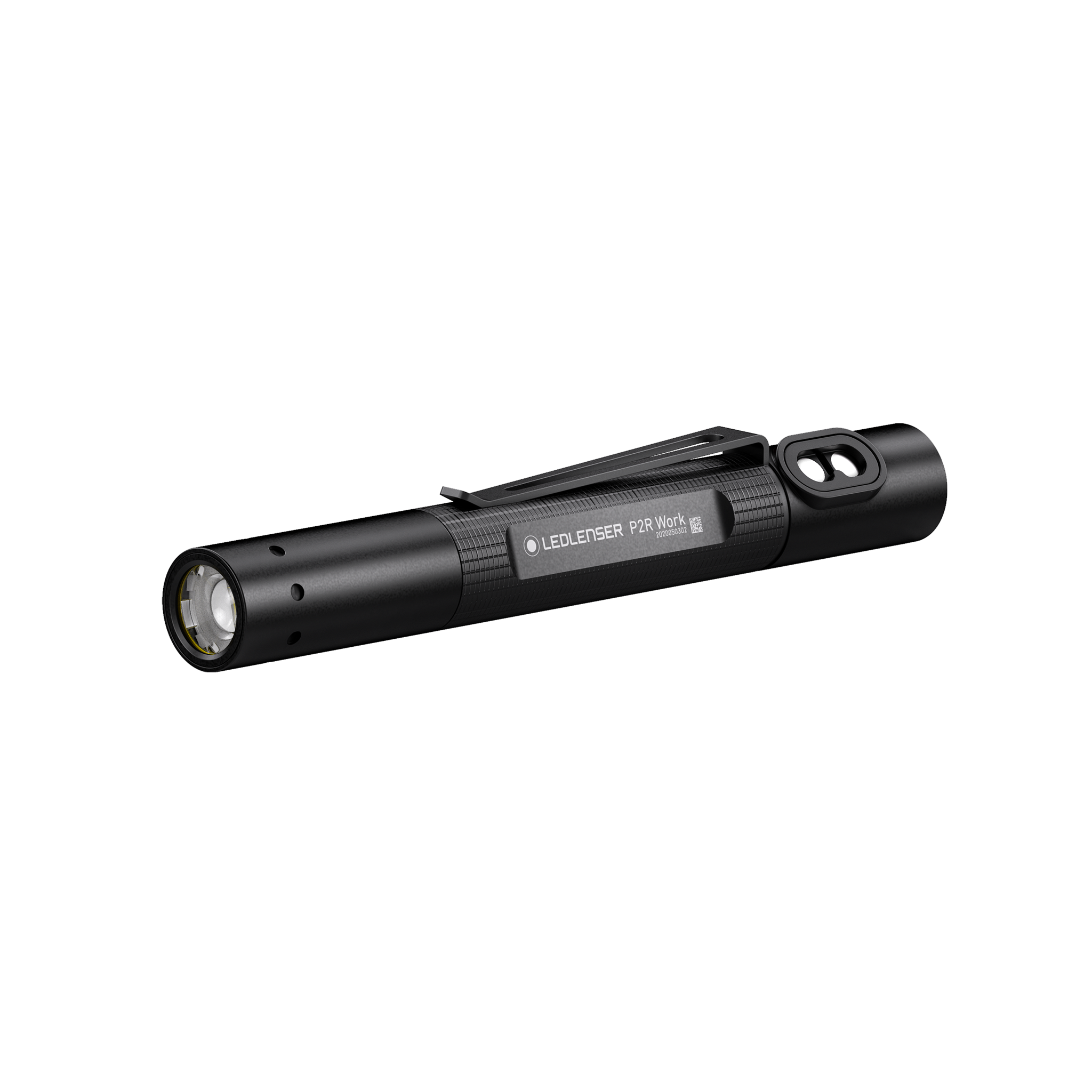 Ledlenser P2R Work Torch black cylindrical flashlight with pocket clip shown in side profile orientation