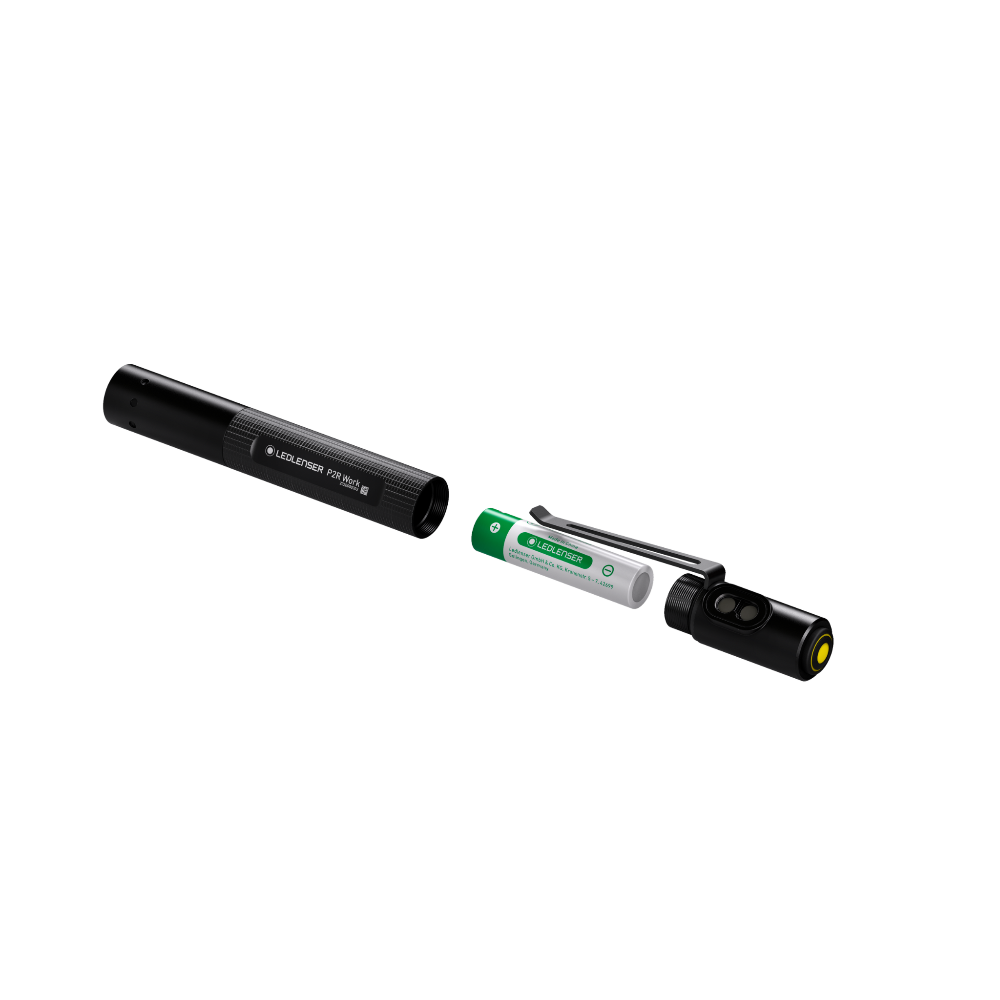 Ledlenser P2R Work Torch disassembled with battery and end cap laid out on a black background