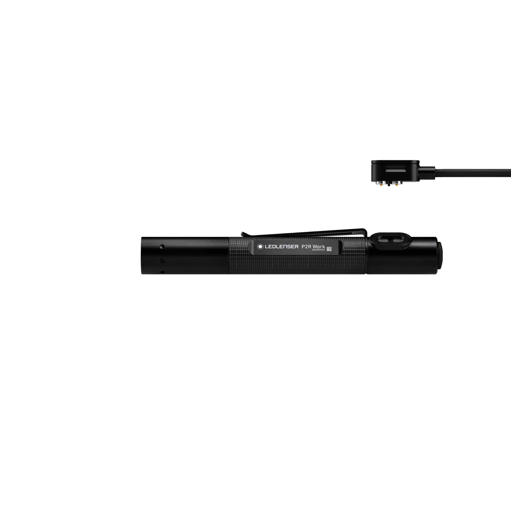 Ledlenser P2R Work Torch lying horizontally with a separate detachable head above black cylindrical body with textured grip and product label P2R Work