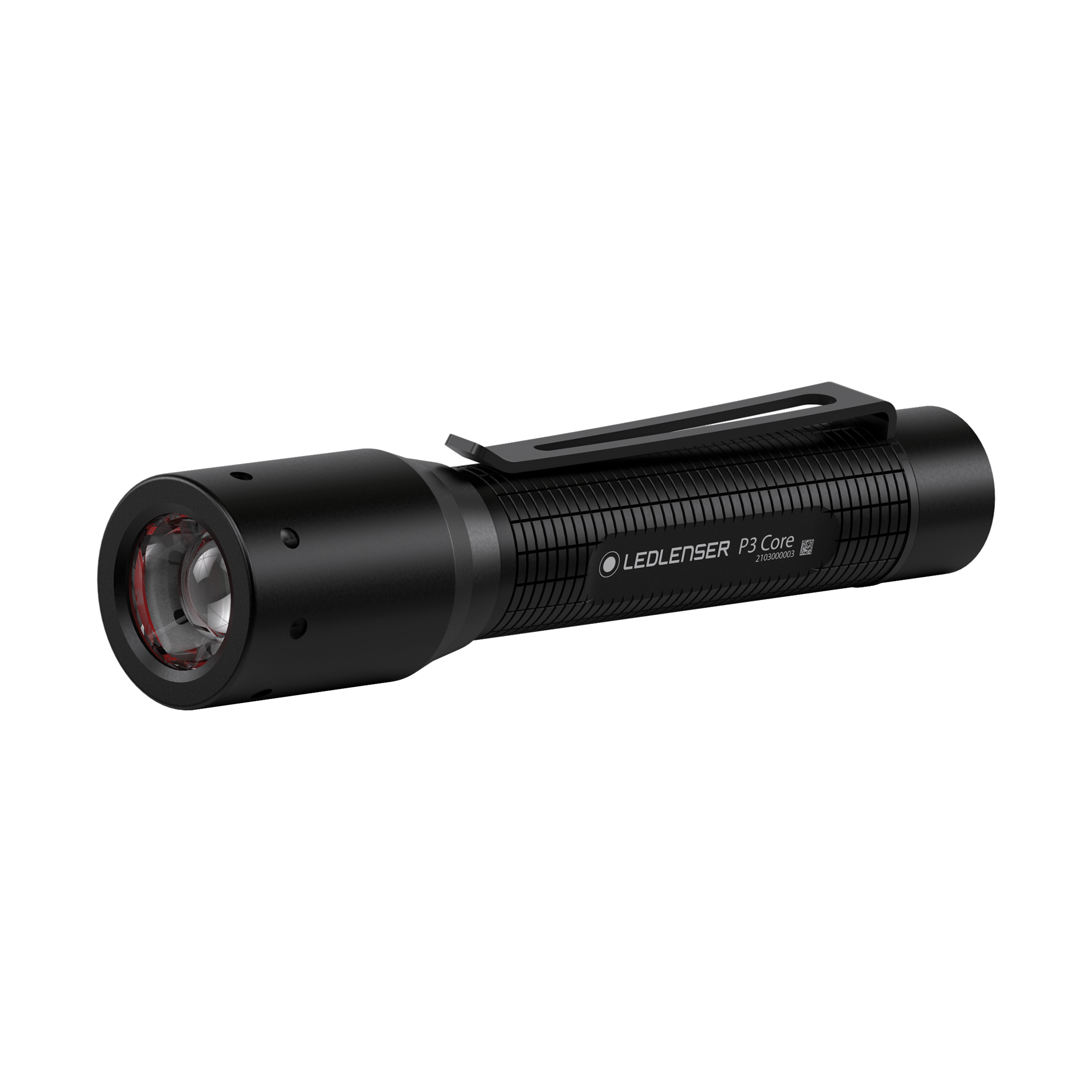 Ledlenser P3 Core Torch compact black flashlight with side clip front lens and bezel visible