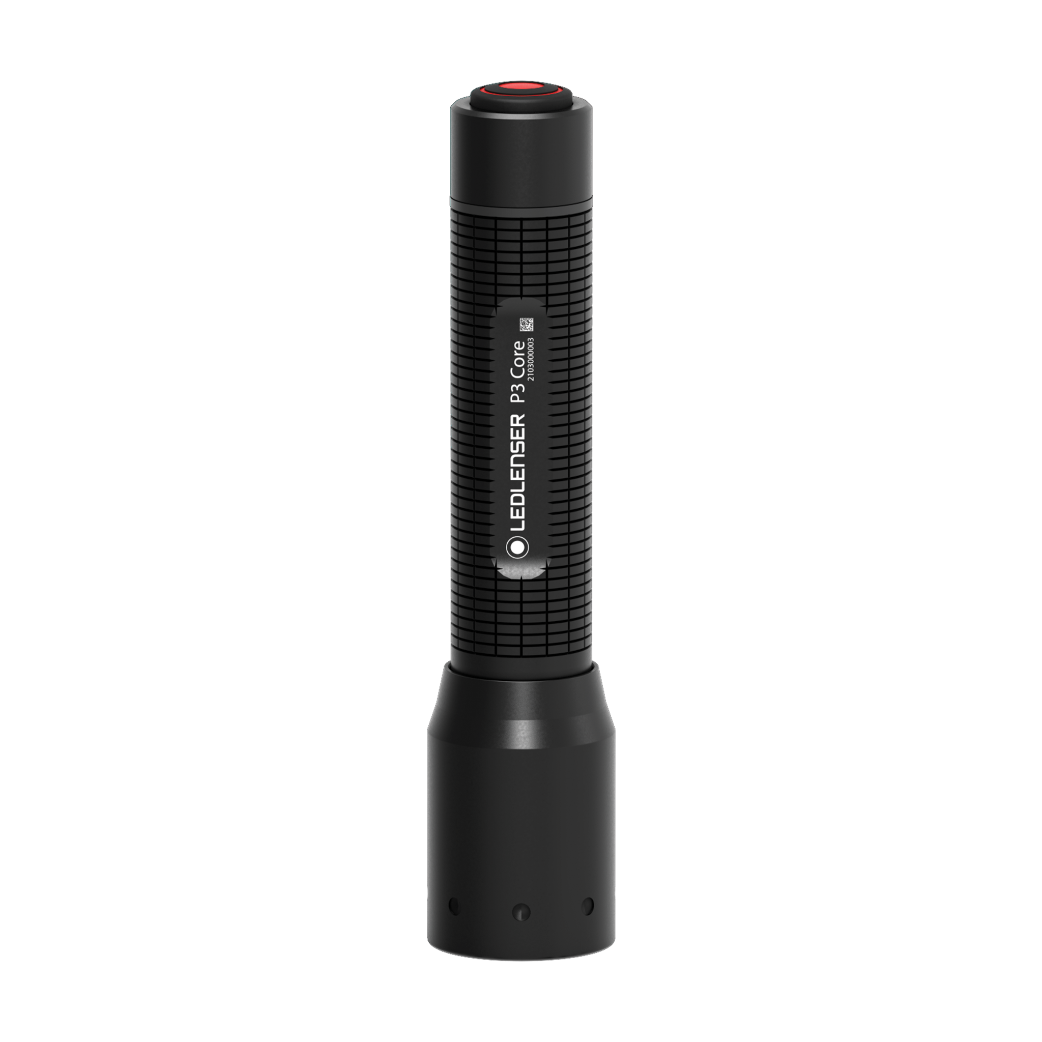 Ledlenser P3 Core Torch vertical handheld flashlight with textured grip and red power button on top