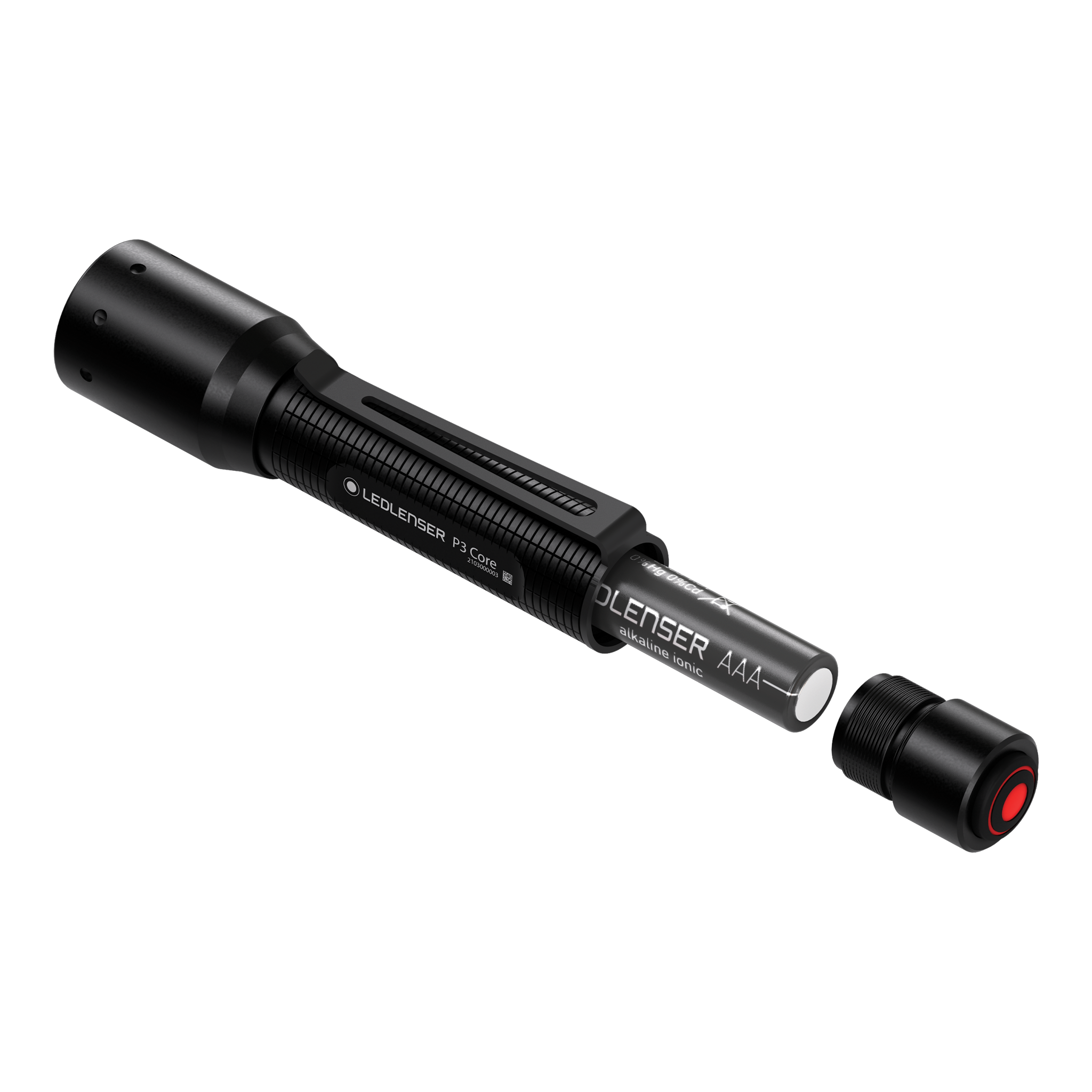 Ledlenser P3 Core Torch compact handheld flashlight with AAA battery inserted and removable tail cap shown in side view