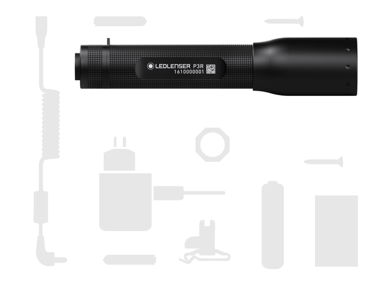 Ledlenser P3R Rechargeable Torch shown horizontally with assorted accessory silhouettes black compact handheld lighting device with textured grip