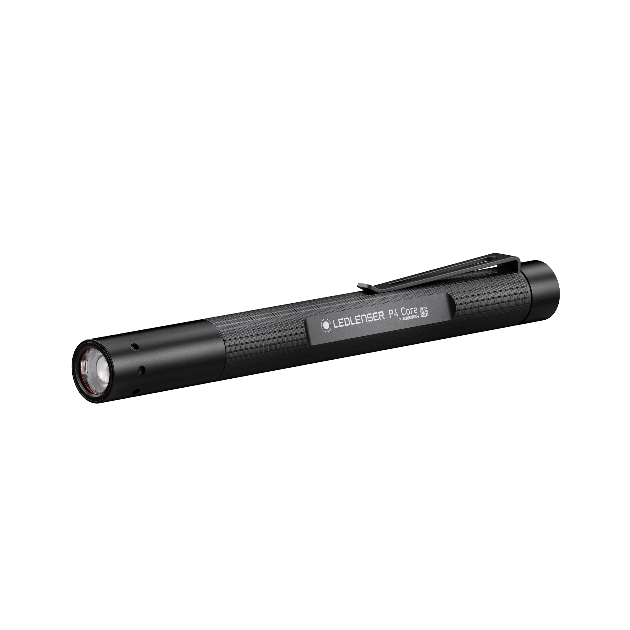 Ledlenser P4 Core Torch in black cylindrical design with pocket clip shown in side view