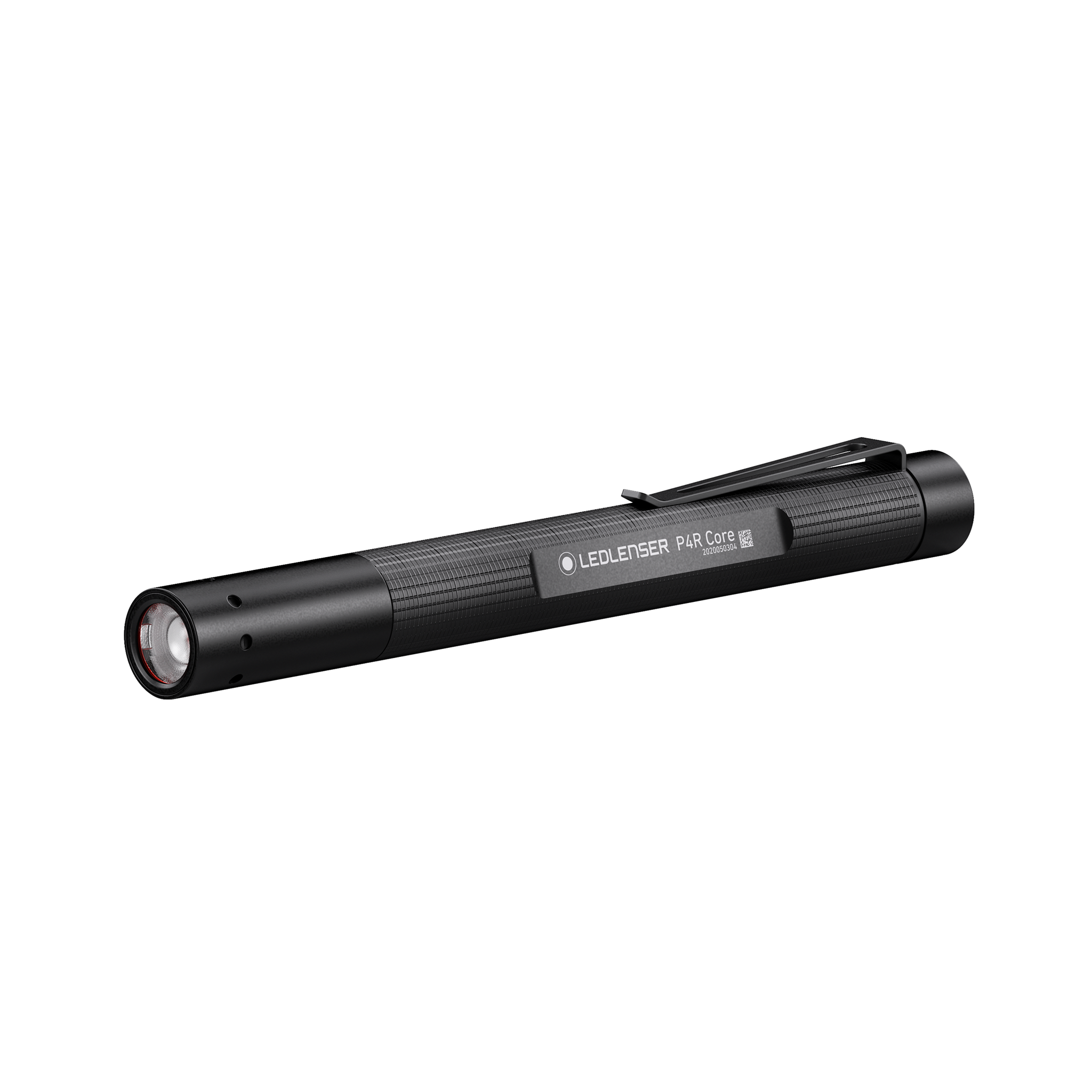 Ledlenser P4R Core Torch black cylindrical handheld flashlight with metal clip shown horizontally