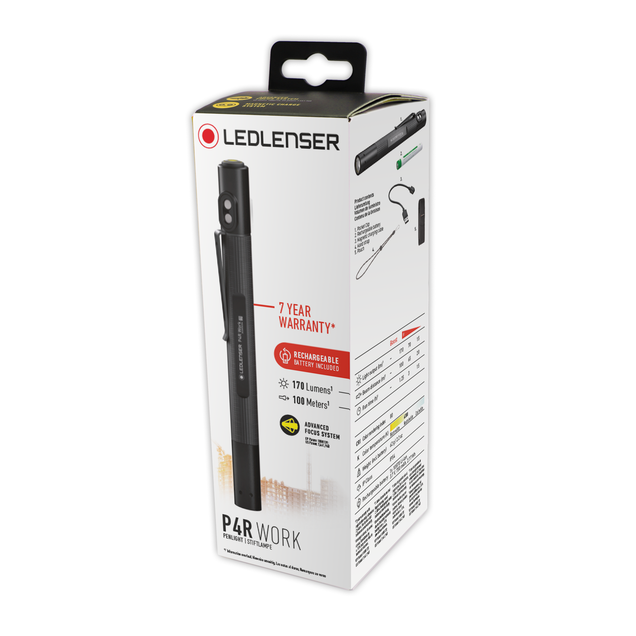 Ledlenser P4R Work Torch packaging box showing a black handheld torch and included accessories