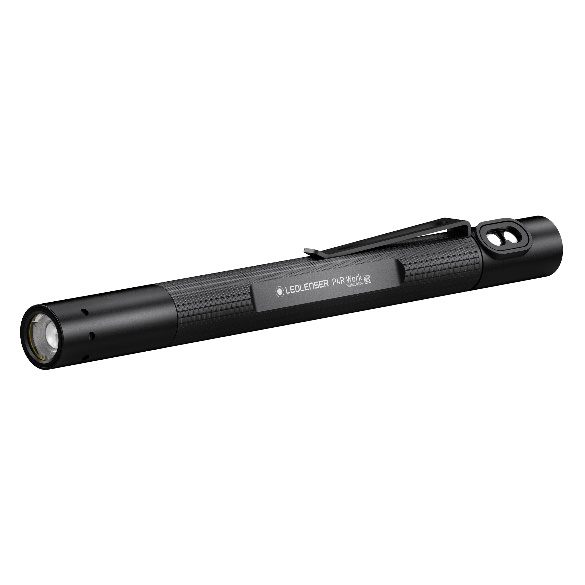 Ledlenser P4R Work Torch black rechargeable penlight with pocket clip shown horizontally