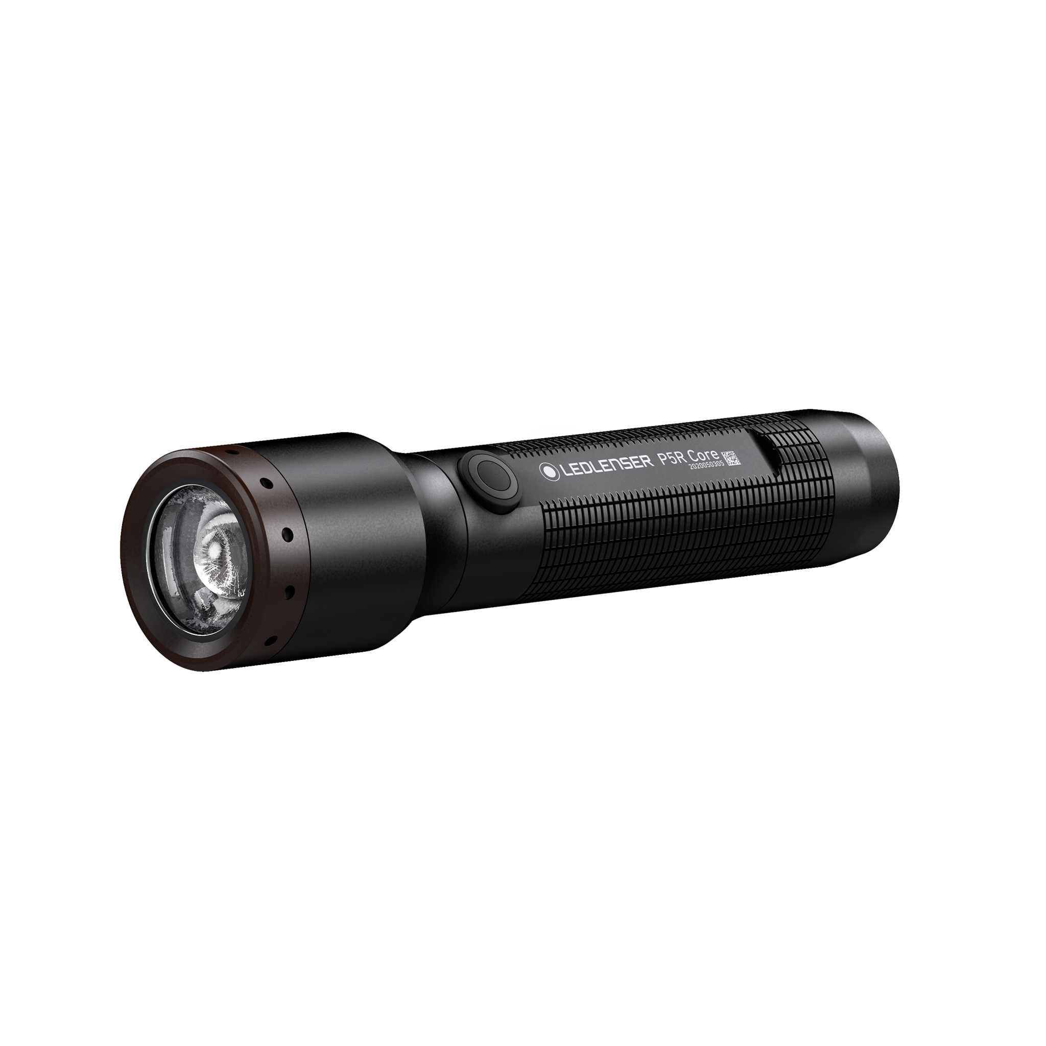 Ledlenser P5R Core Torch lying on a white background black compact rechargeable torch with textured grip and front lens