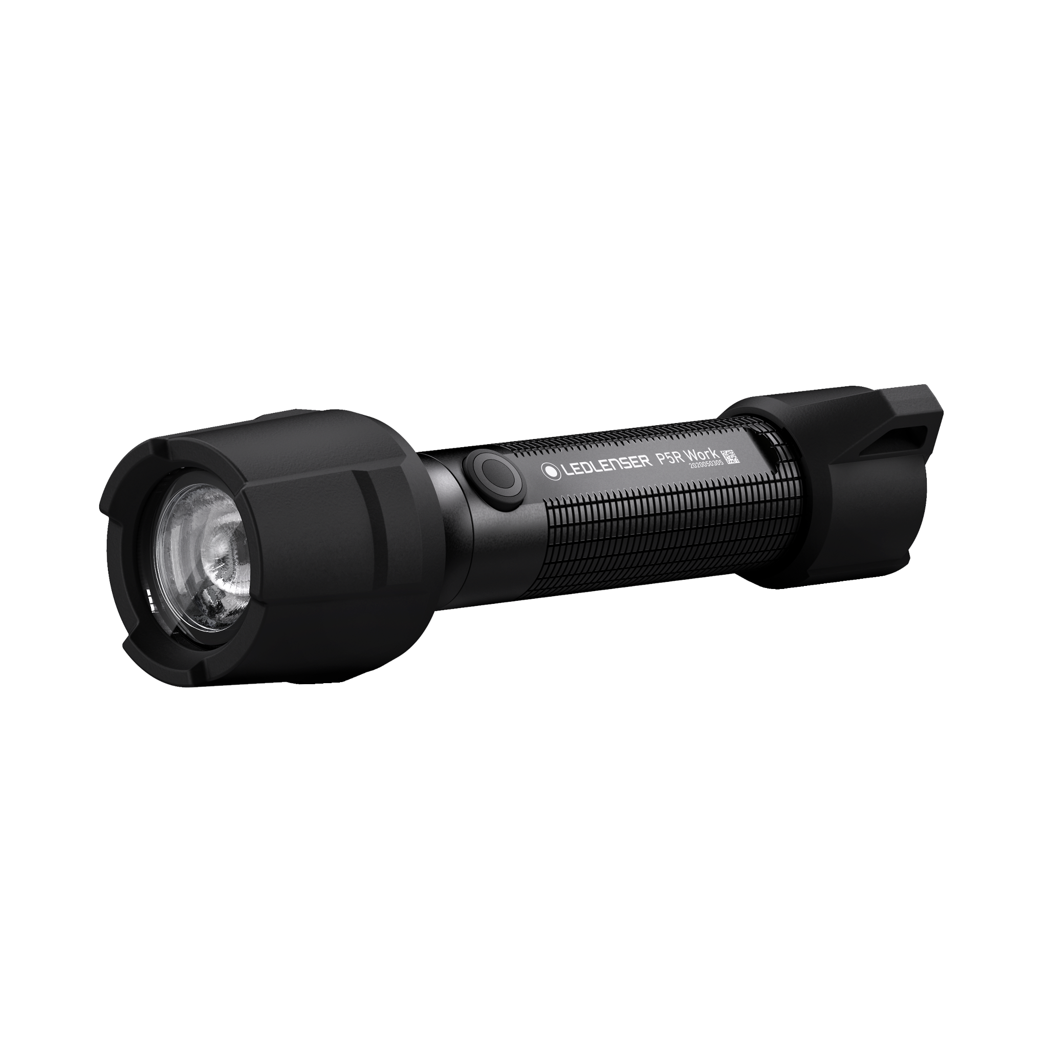Ledlenser P5R Work Torch lying horizontally black compact rechargeable flashlight with textured grip and visible front lens