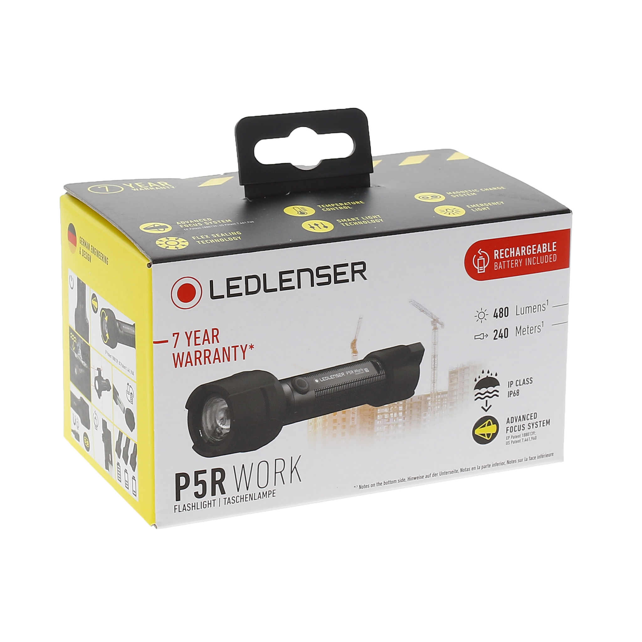 Ledlenser P5R Work Torch packaging showing a black rechargeable flashlight with box design and branding on a white background