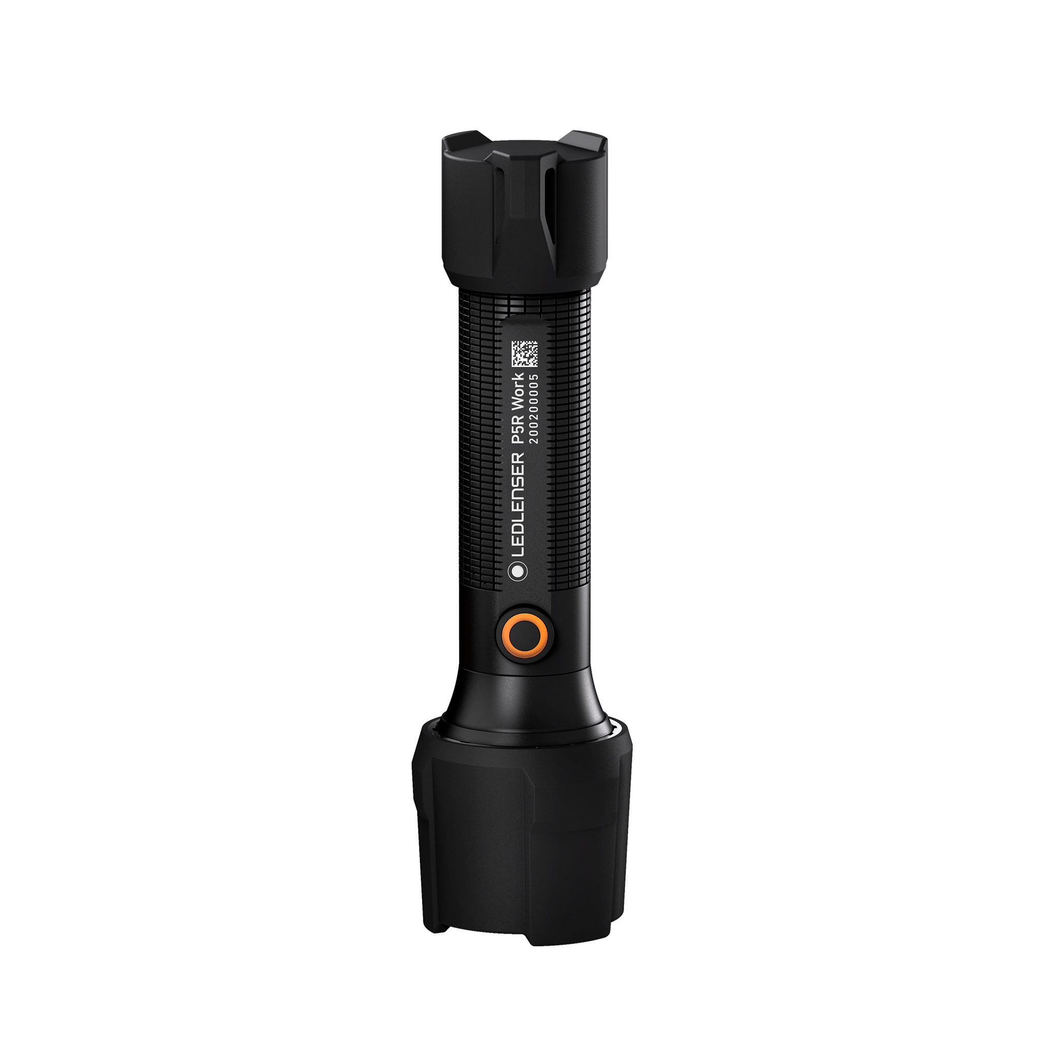 Ledlenser P5R Work Torch vertical shot; black rechargeable flashlight with textured grip and orange circular power button