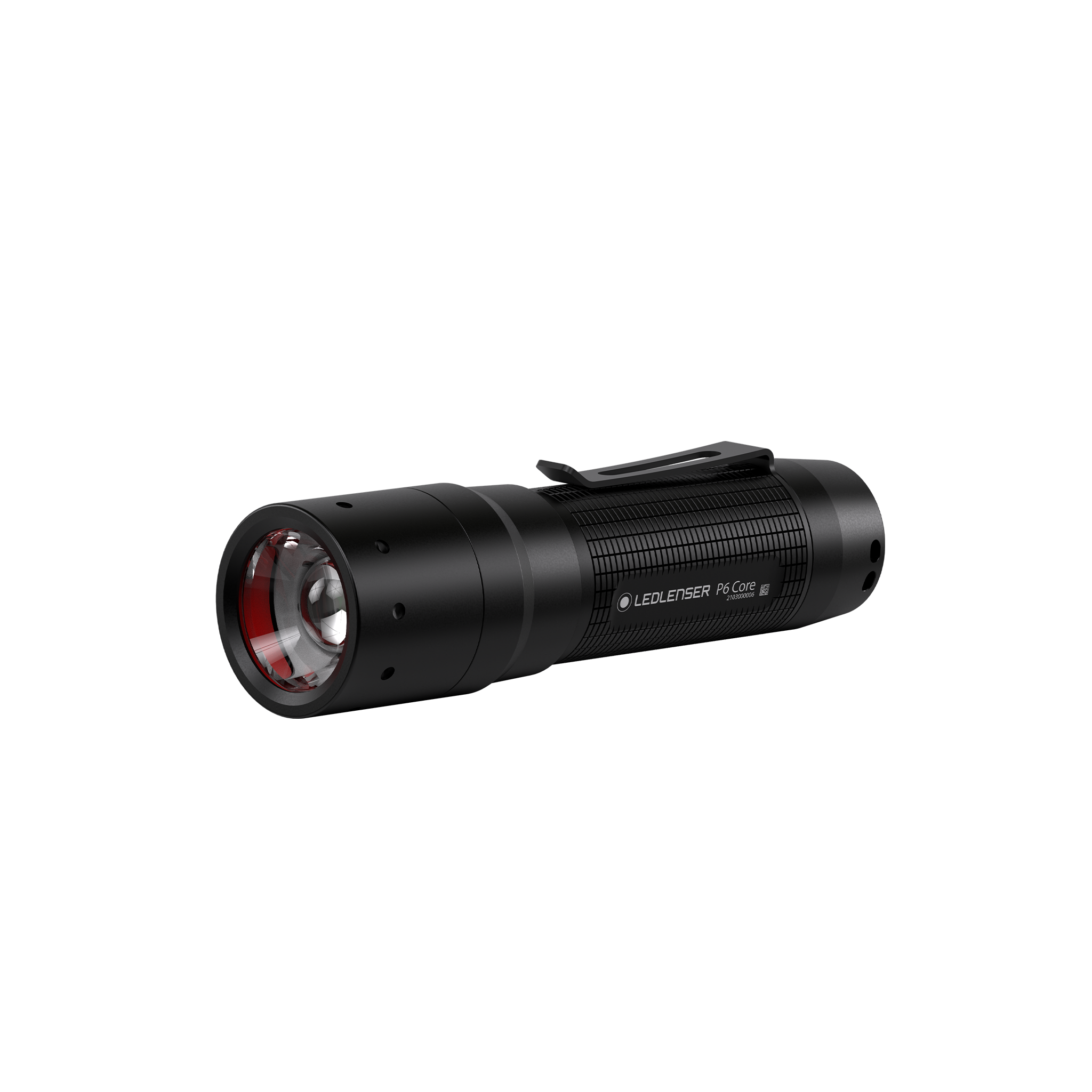 Ledlenser P6 Core Torch compact black flashlight with side clip and textured grip front left view