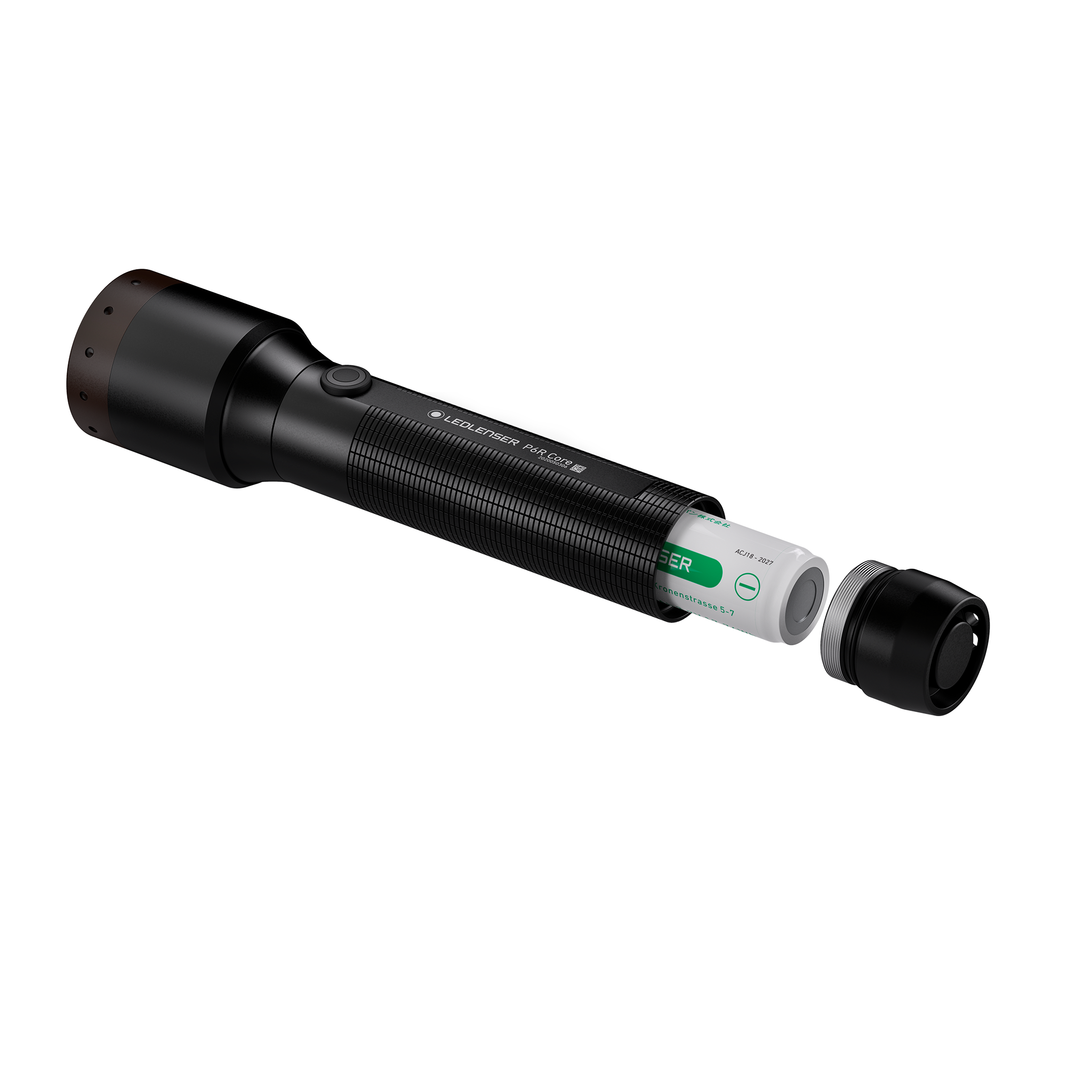 Ledlenser P6R Core Torch with detachable battery cartridge and cap removed black cylindrical handheld flashlight showing internal battery tube