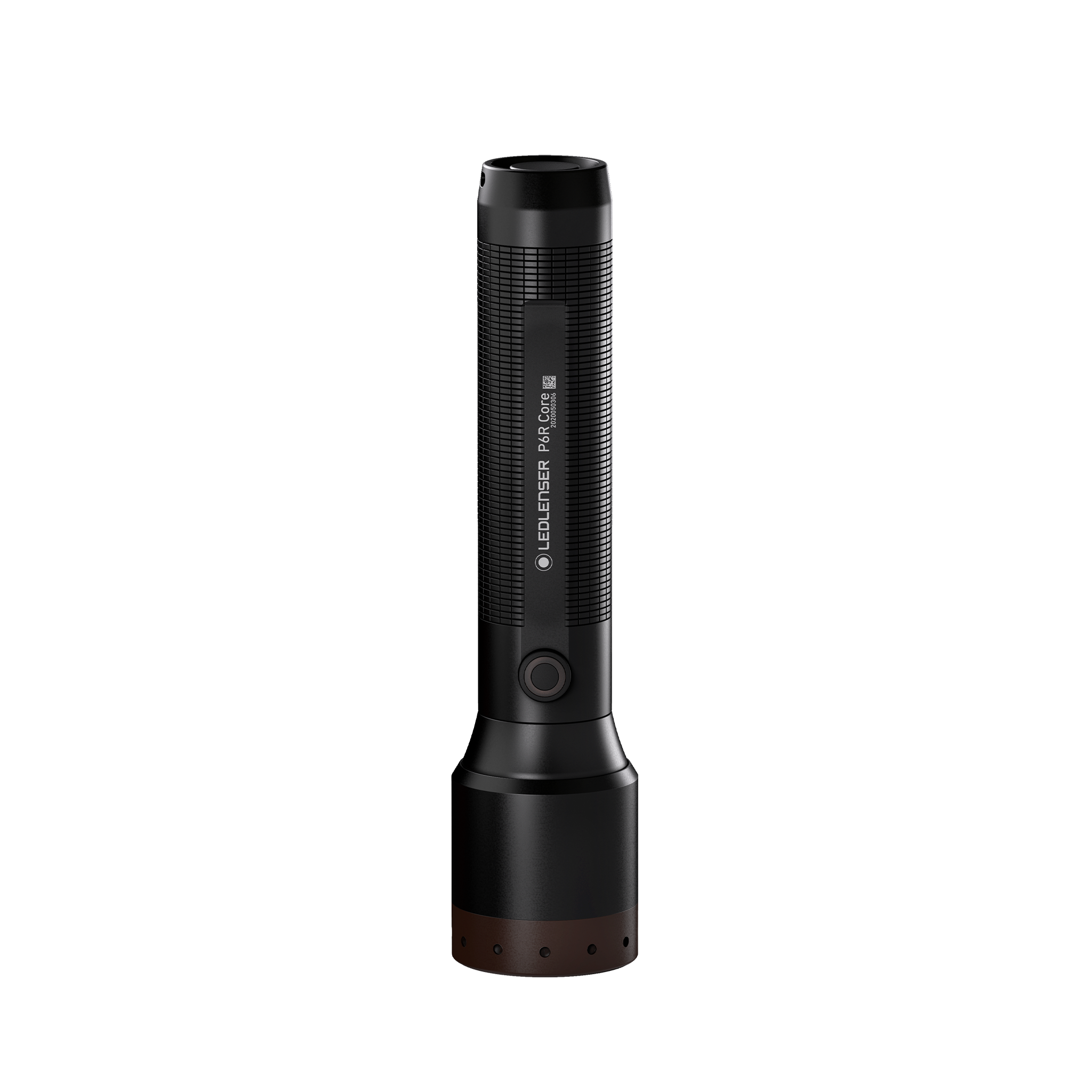 Ledlenser P6R Core Torch vertical orientation with a textured black body and brown accent base