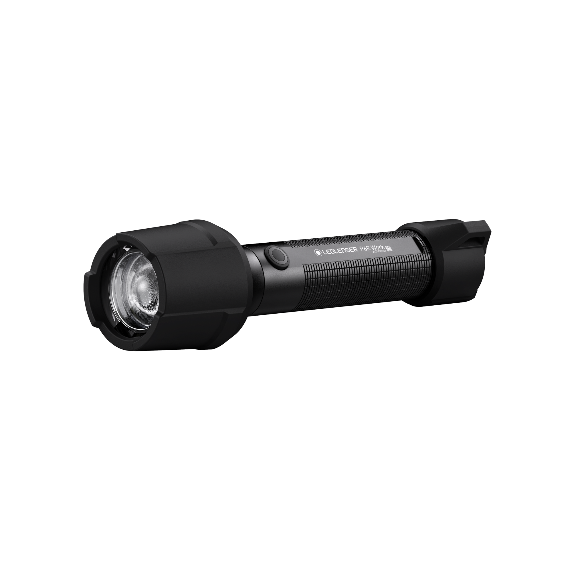 Ledlenser P6R Work Torch black compact handheld flashlight oriented horizontally with textured grip and front LED bezel