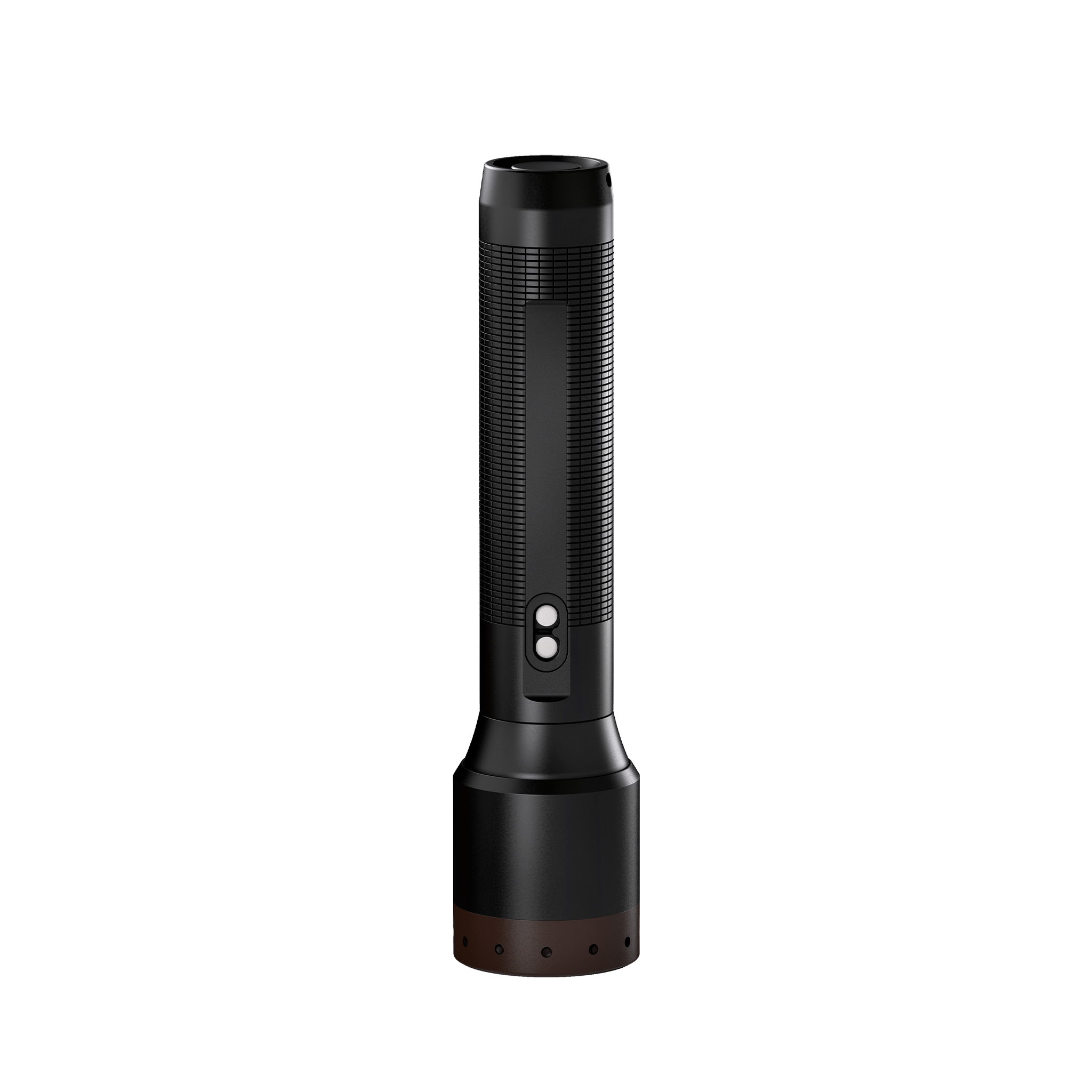Ledlenser P6R Core Torch standing upright; black textured cylindrical body with brown base and dual white control buttons