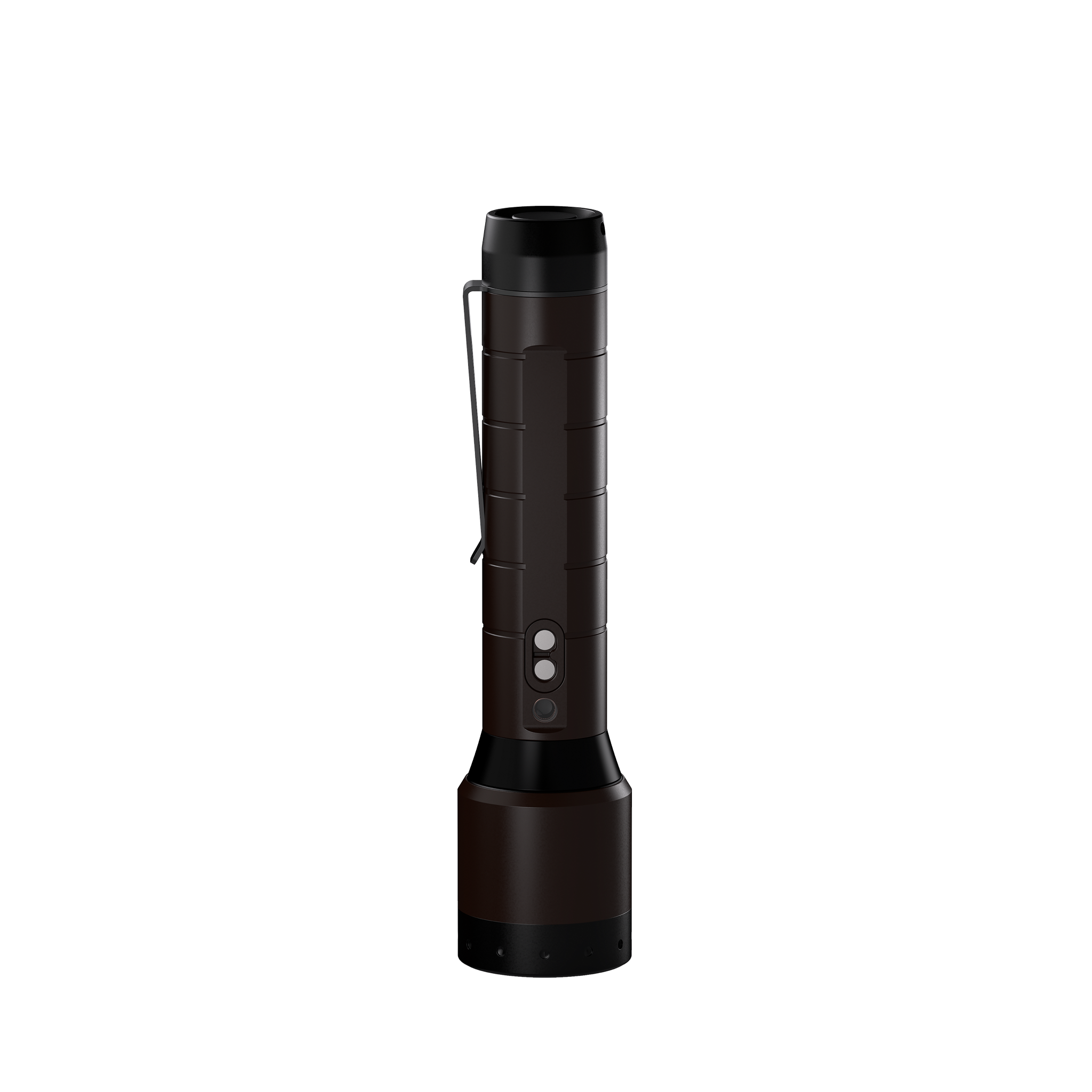 Ledlenser P6R Signature Torch viewed upright with a brown cylindrical body black top and base and a side pocket clip