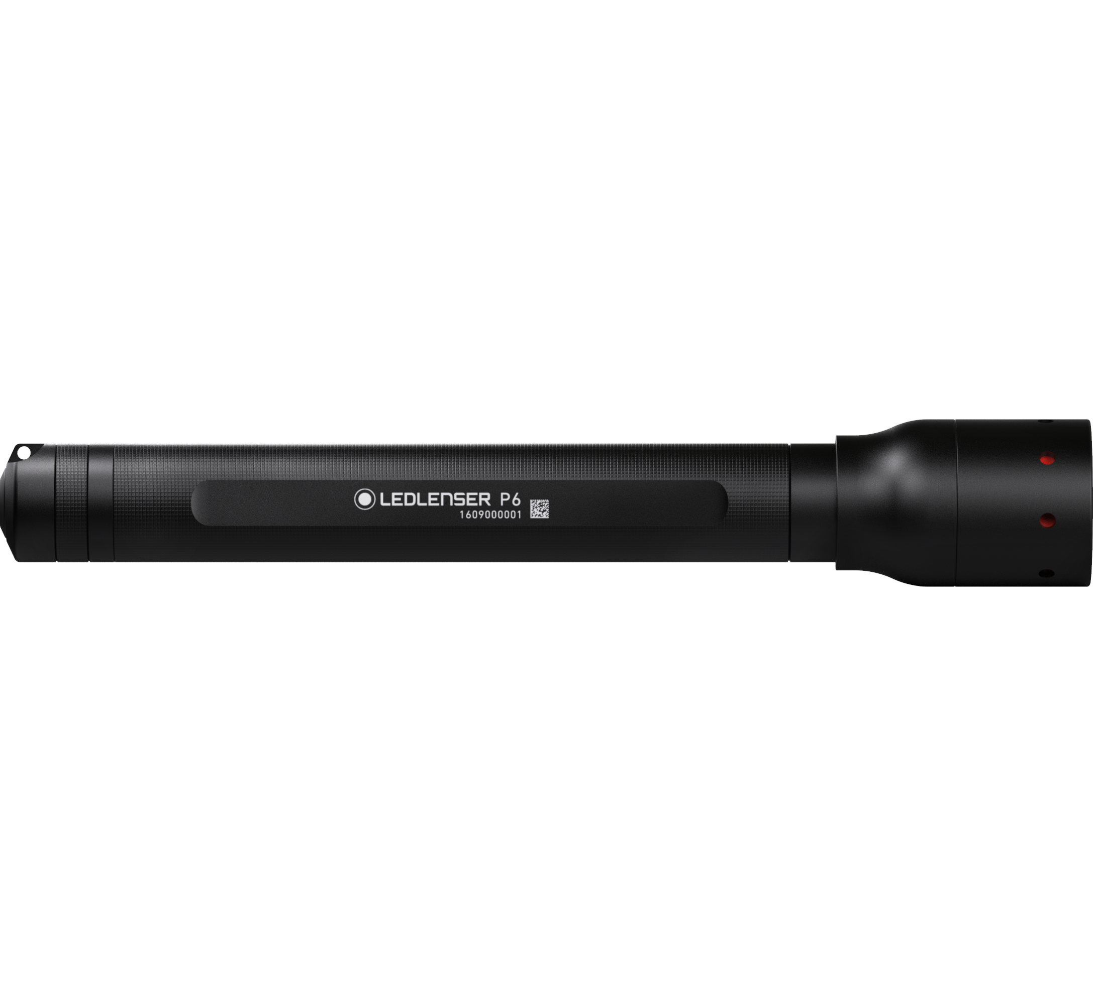 Ledlenser P6 torch shown horizontally black cylindrical body with textured grip and the P6 label right end cap with red dots