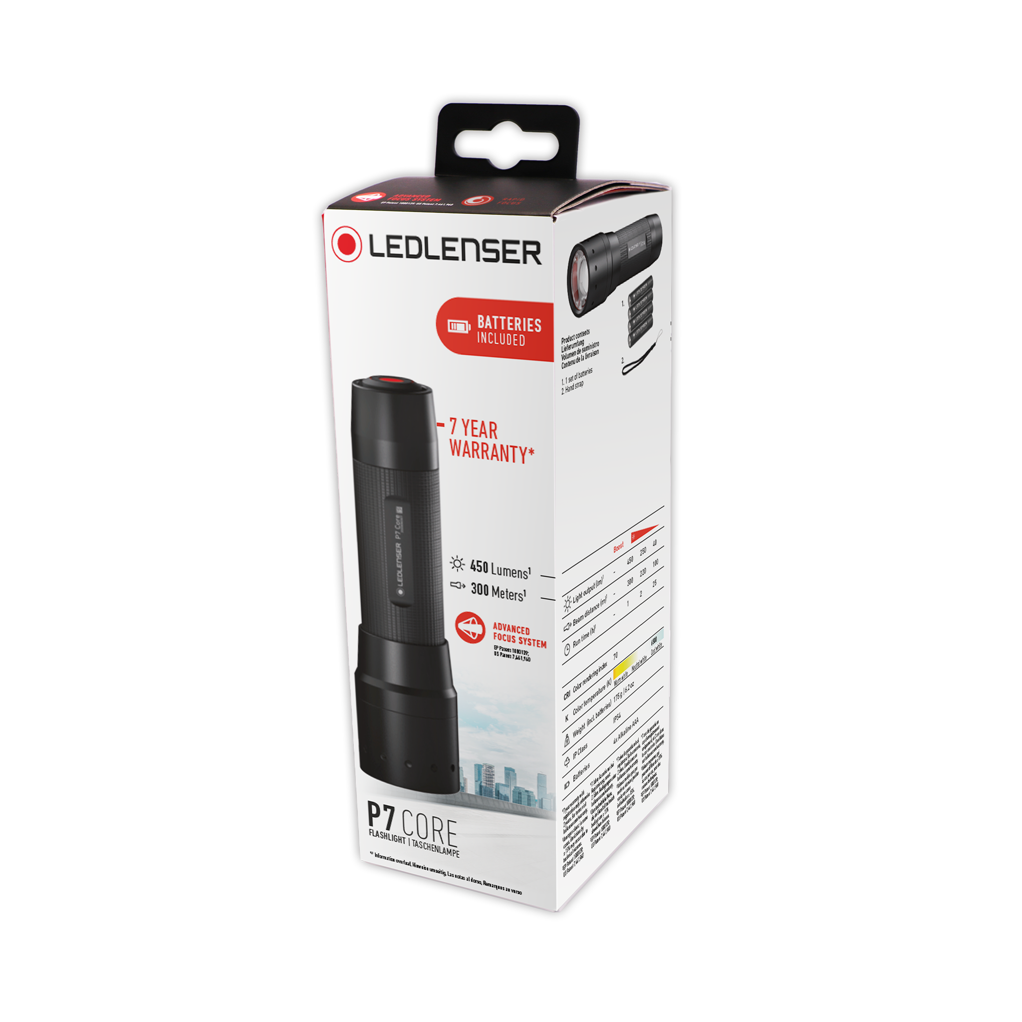 Ledlenser P7 Core Torch packaging box shown at a slight angle with a black handheld torch and batteries included label visible
