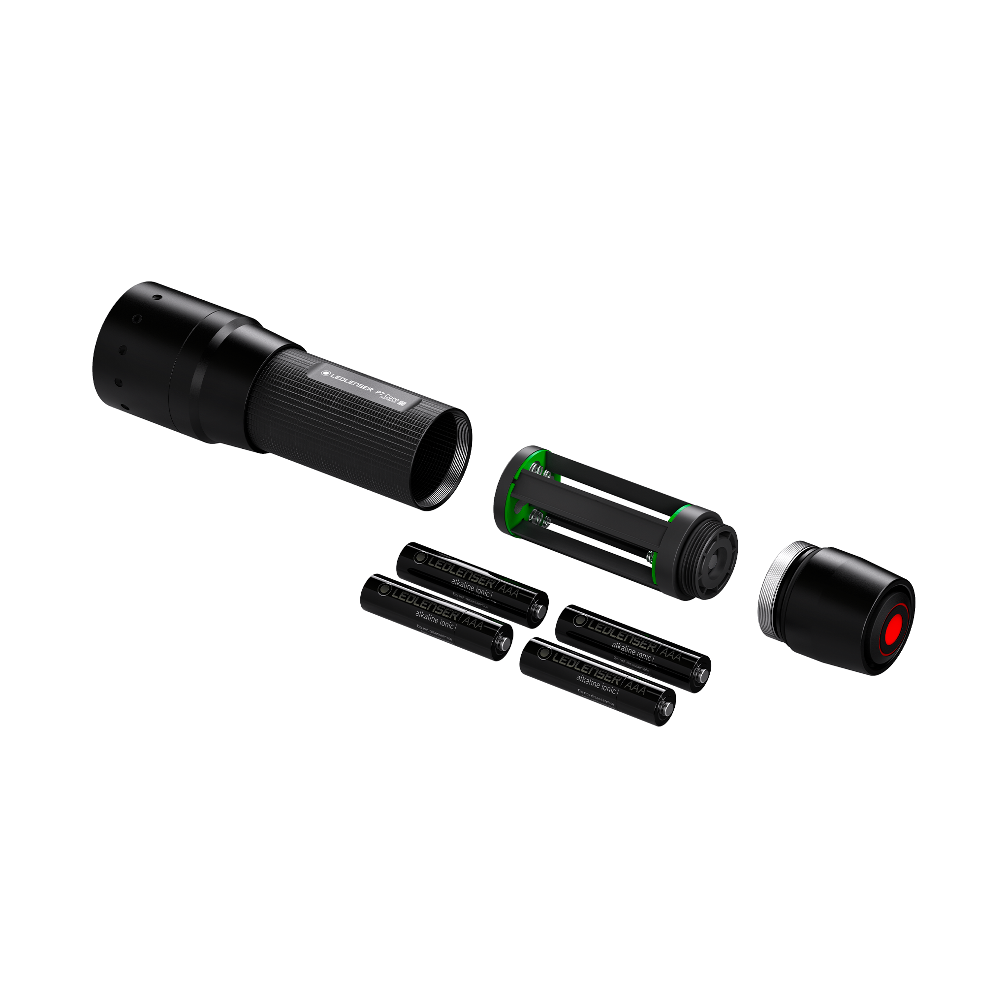 Ledlenser P7 Core Torch exploded view showing main body battery module with four AA batteries green internal component and end cap