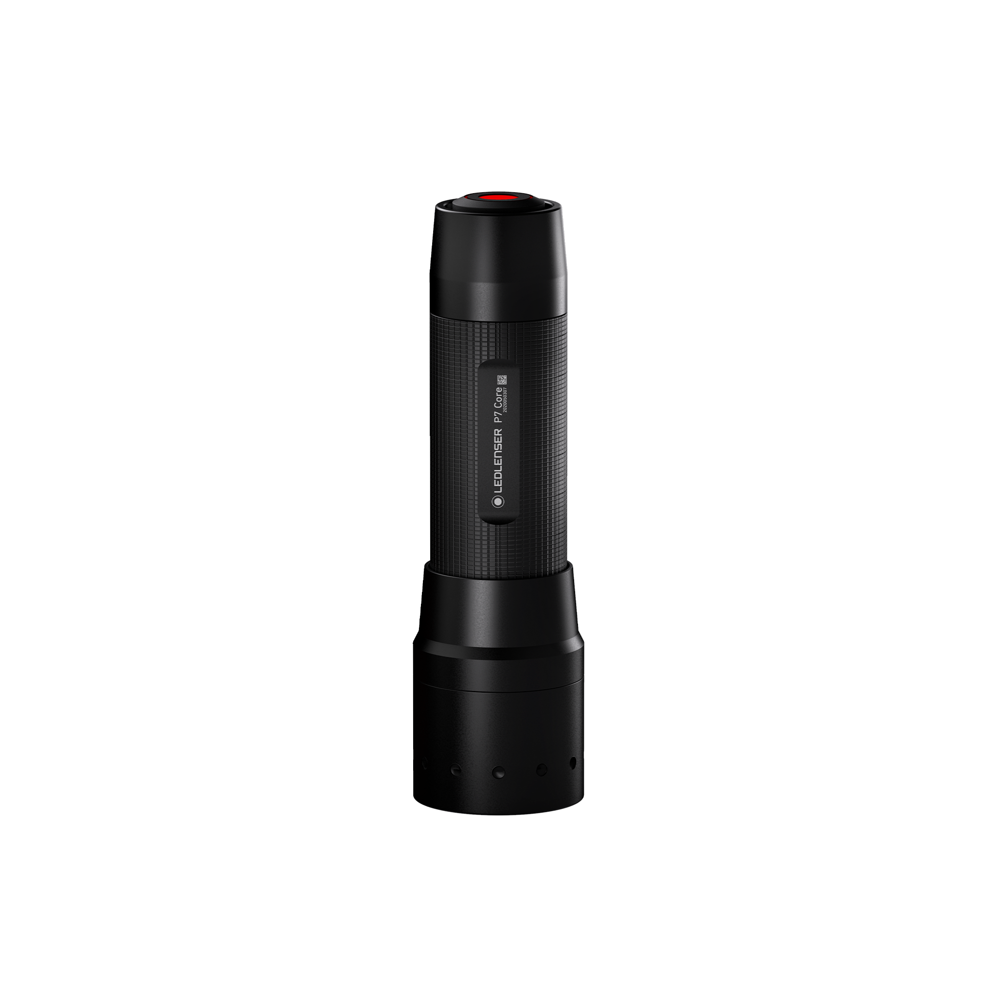 Ledlenser P7 Core Torch black handheld flashlight with textured grip red ring at the top shown upright