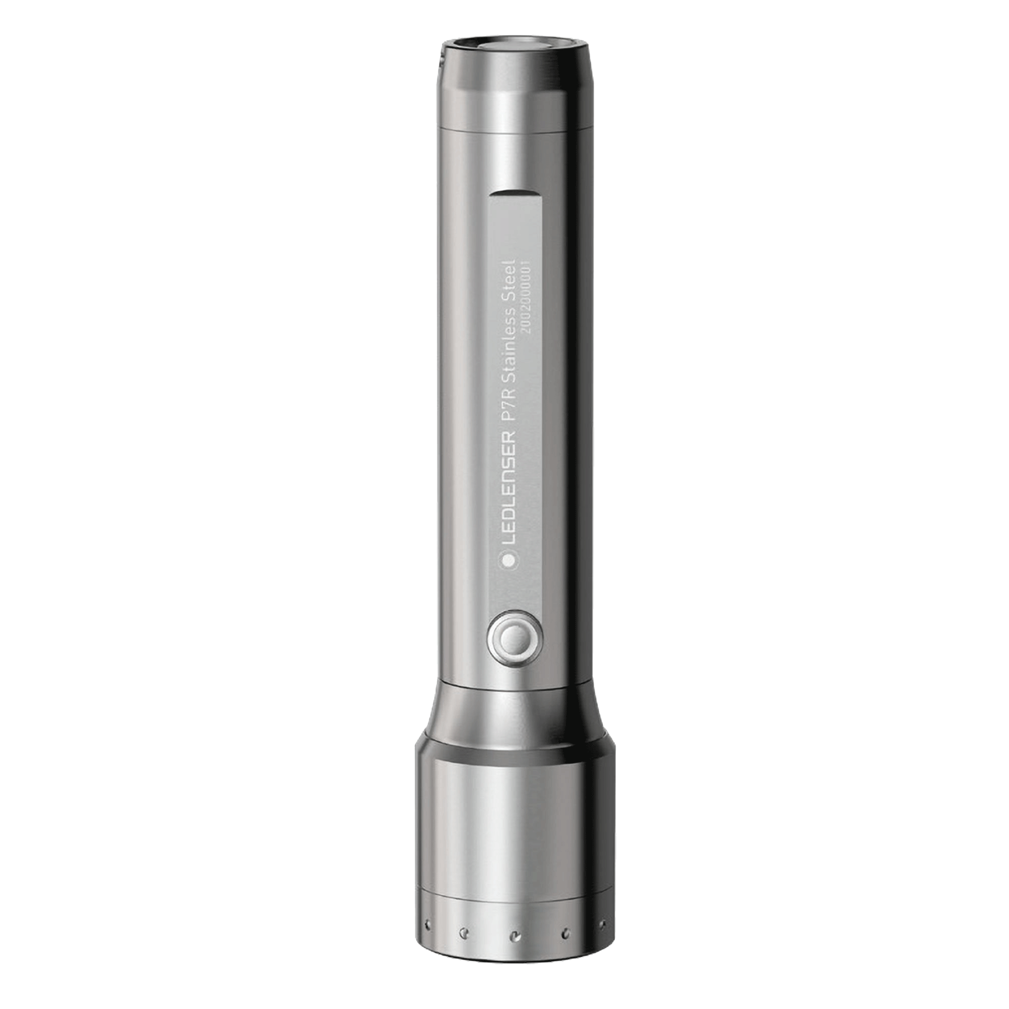 Ledlenser P7R Core Rechargeable Torch & V8 Keychain Light Limited Stainless Steel Edition vertical view of stainless steel torch with circular power button