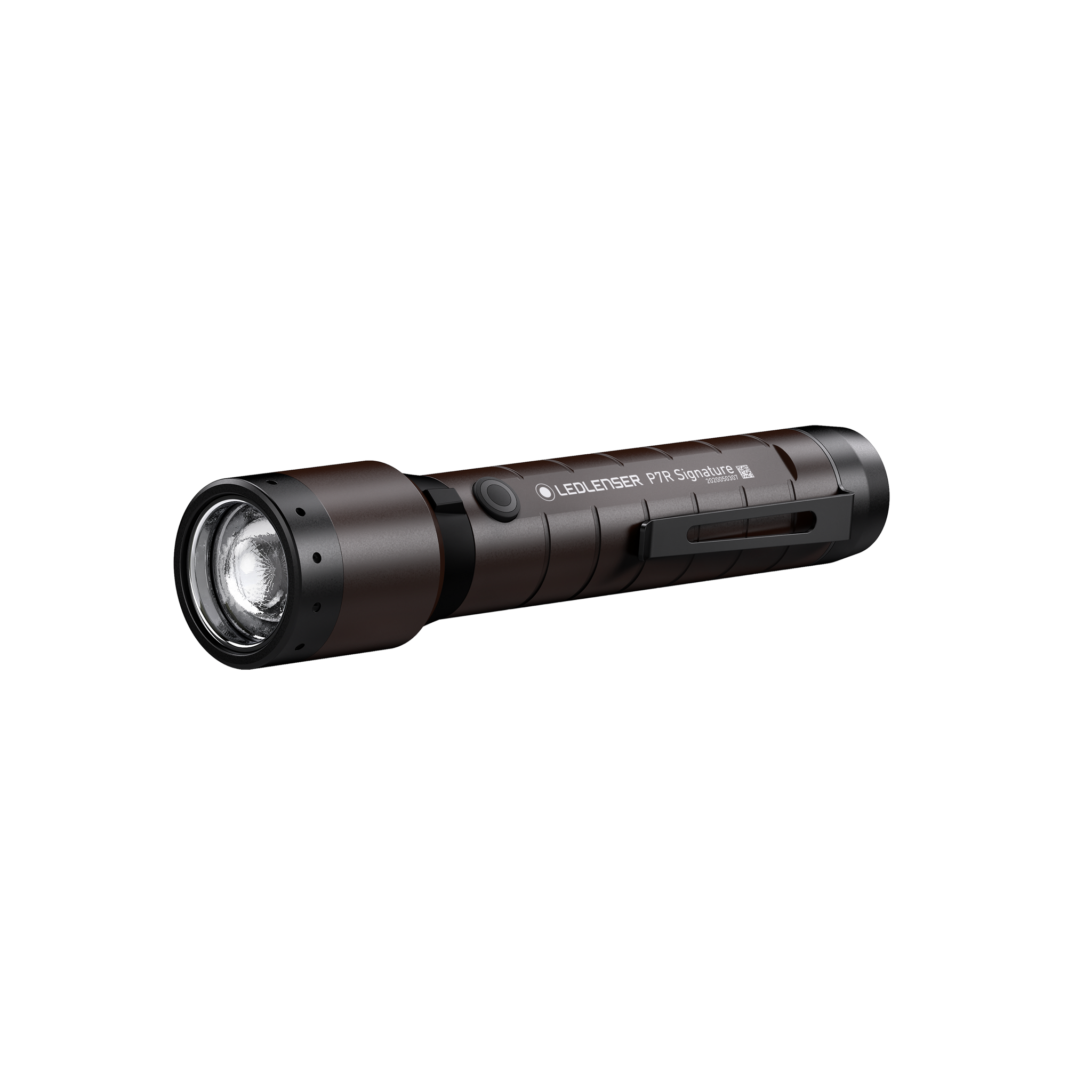 Ledlenser P7R Signature Torch in dark brown horizontal view with front lens branding along the body and side clip