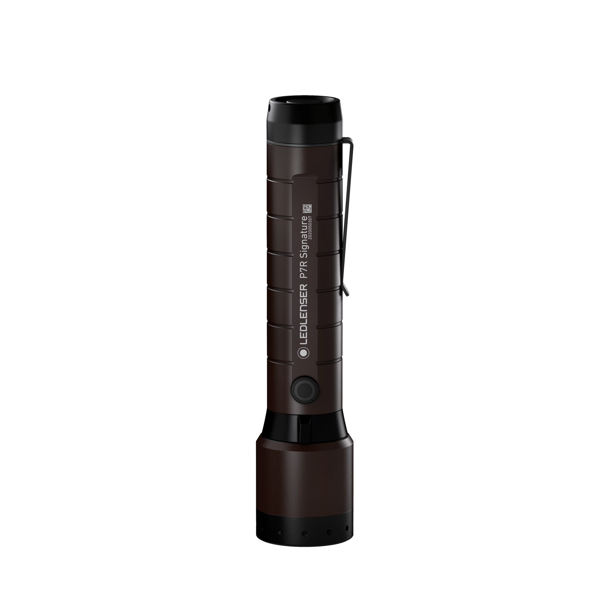 Ledlenser P7R Signature torch standing upright with brown textured grip and side branding