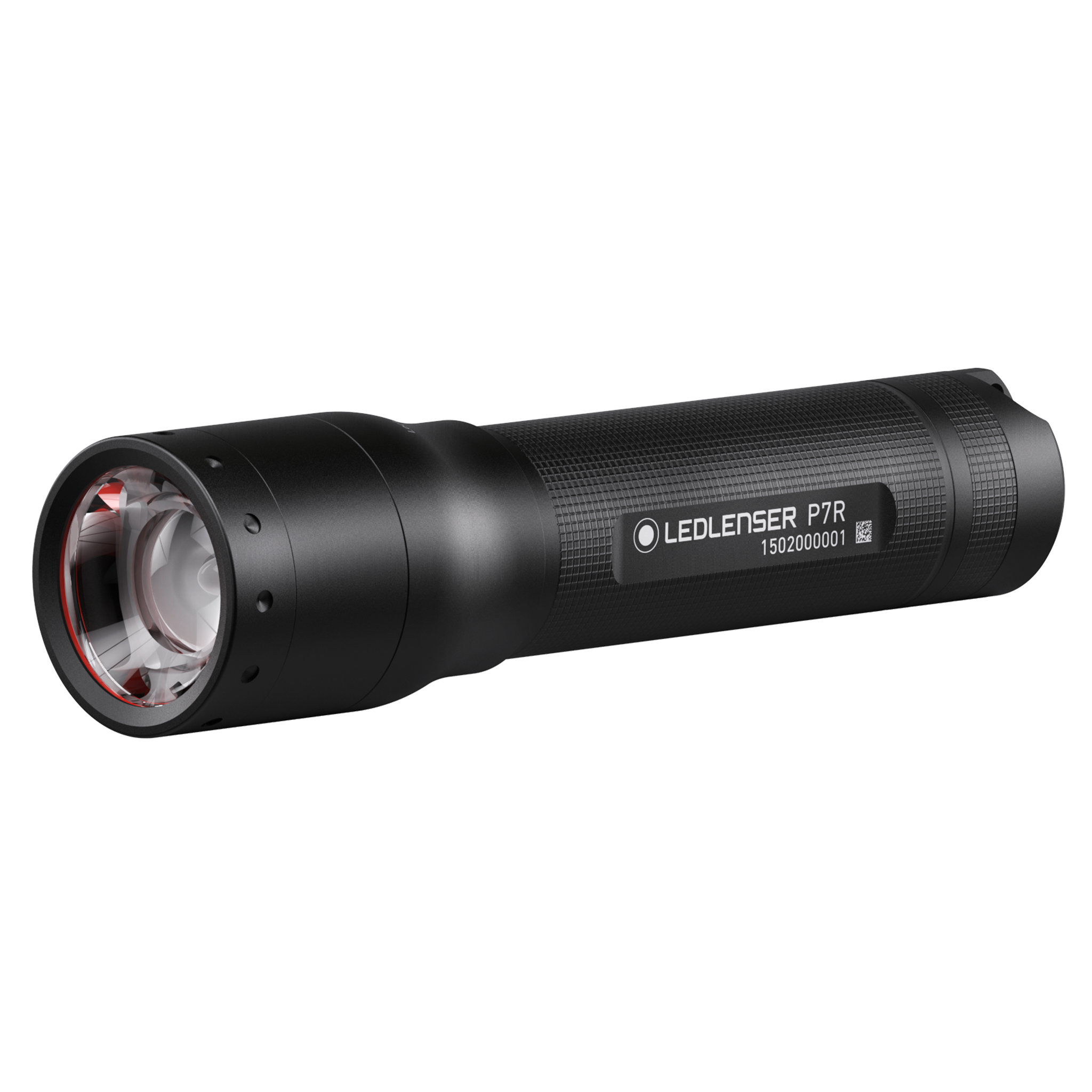 Ledlenser P7R Torch black handheld rechargeable flashlight with textured grip shown from a side angle front lens visible