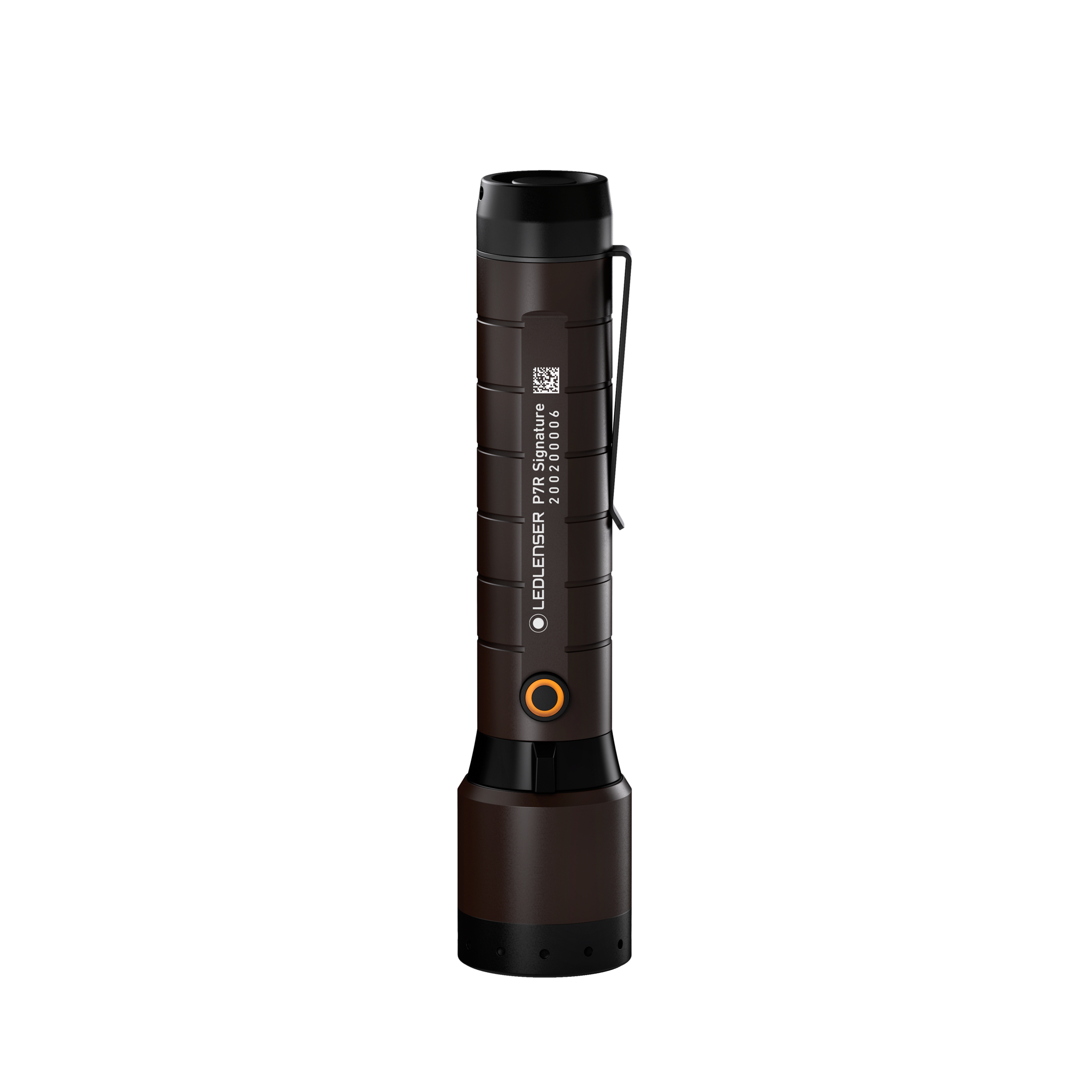 Ledlenser P7R Signature torch standing upright with brown body and orange ring button mounted in a charging cradle
