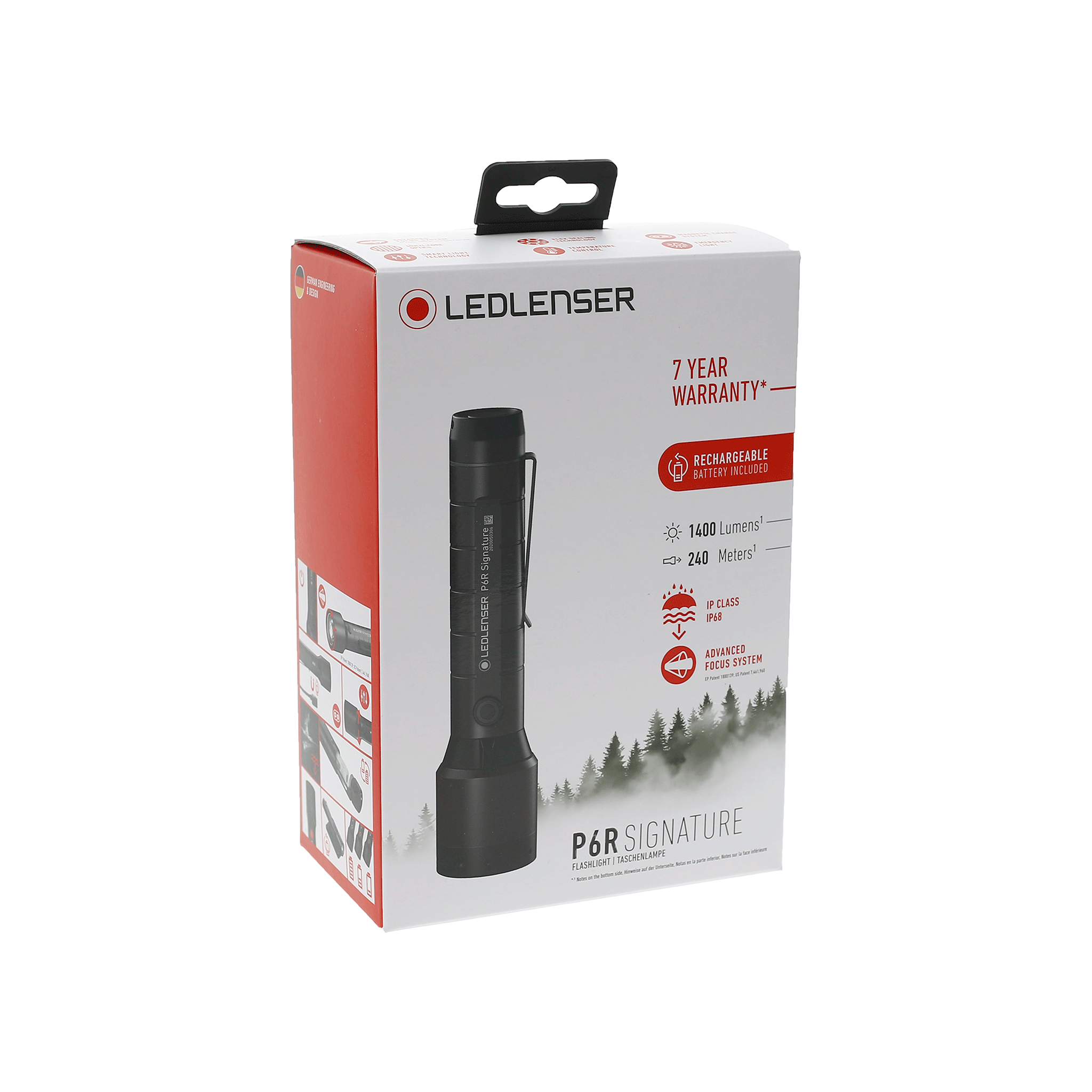 Ledlenser P6R Signature Torch packaging box upright with black rechargeable torch image red white design and forest graphic showing 7 year warranty