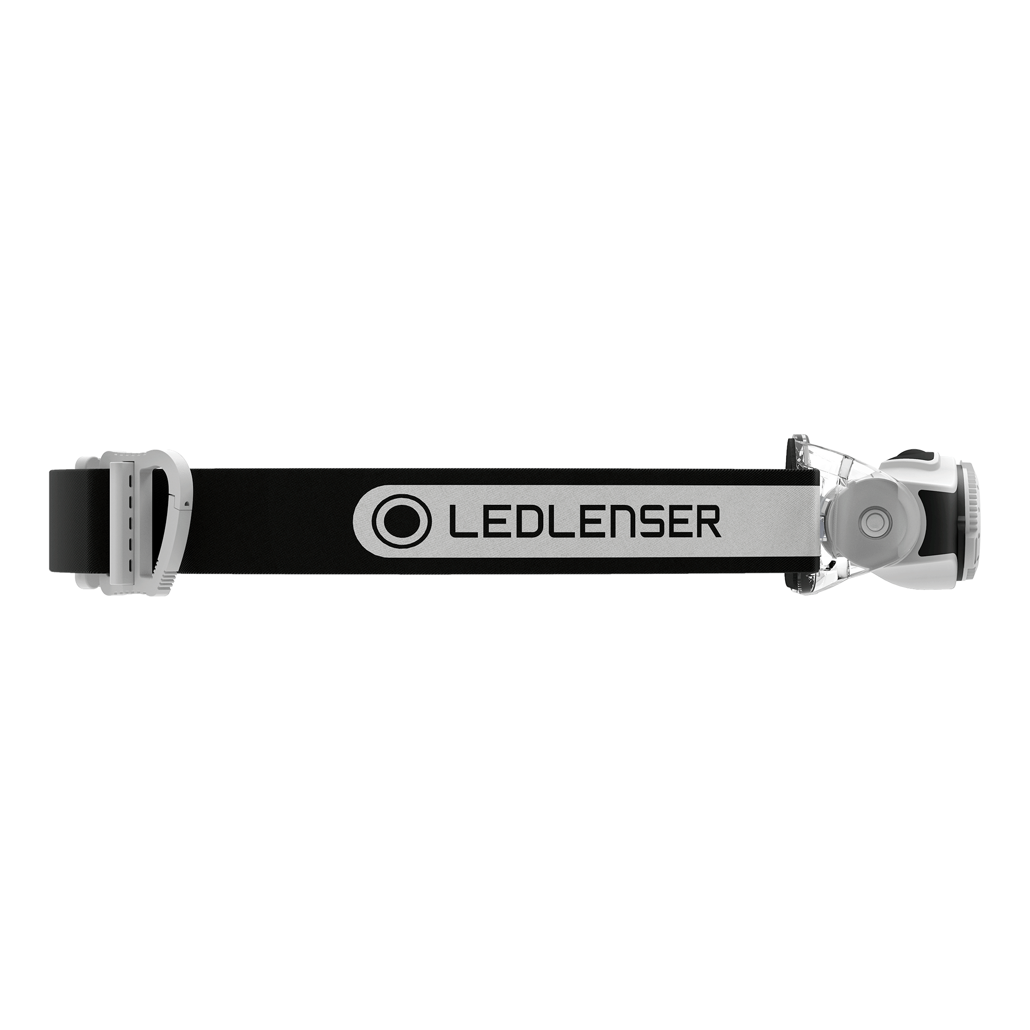 MH3 Headlamp with black adjustable strap and silver Ledlenser branding headlamp module on the right in a horizontal presentation