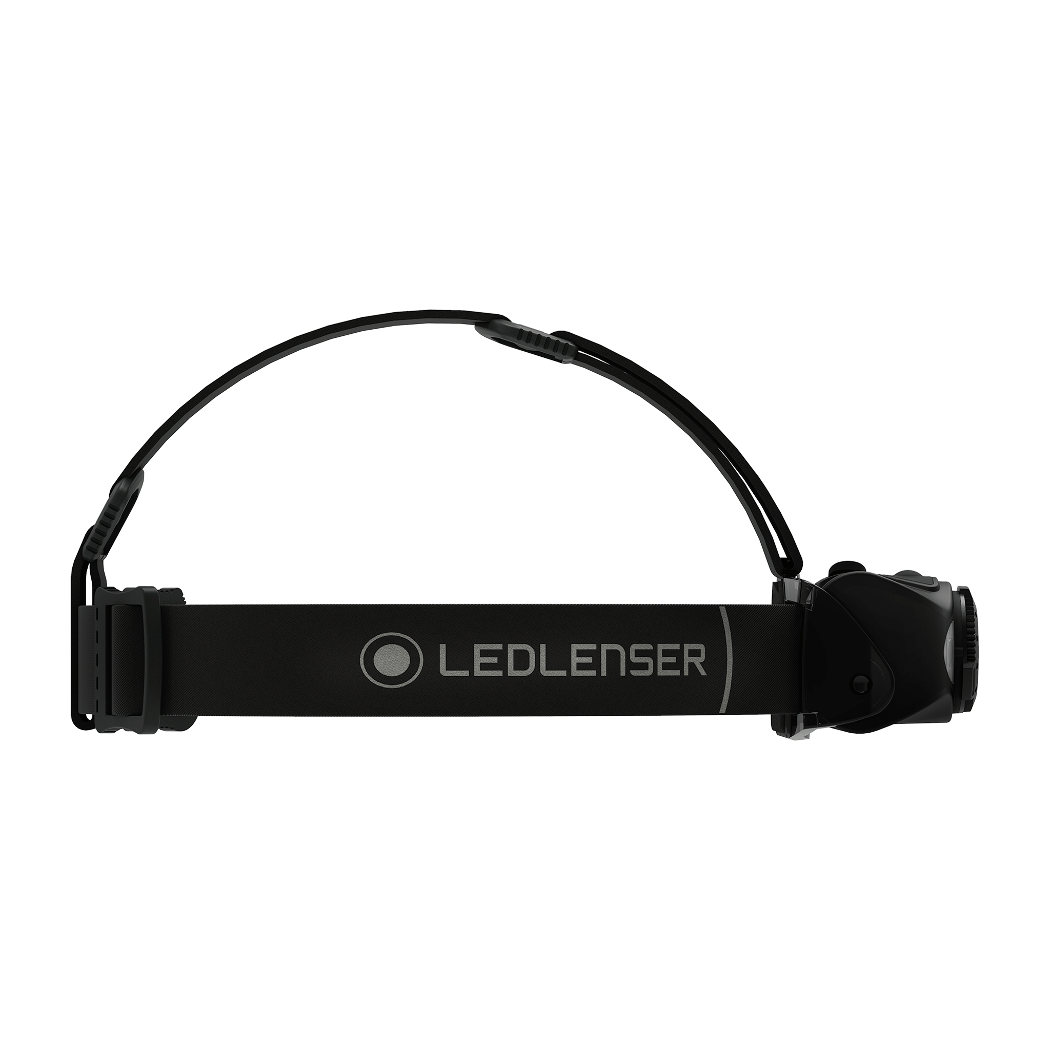 MH8 Outdoor Headlamp side view showing black head strap and compact front unit with Ledlenser branding