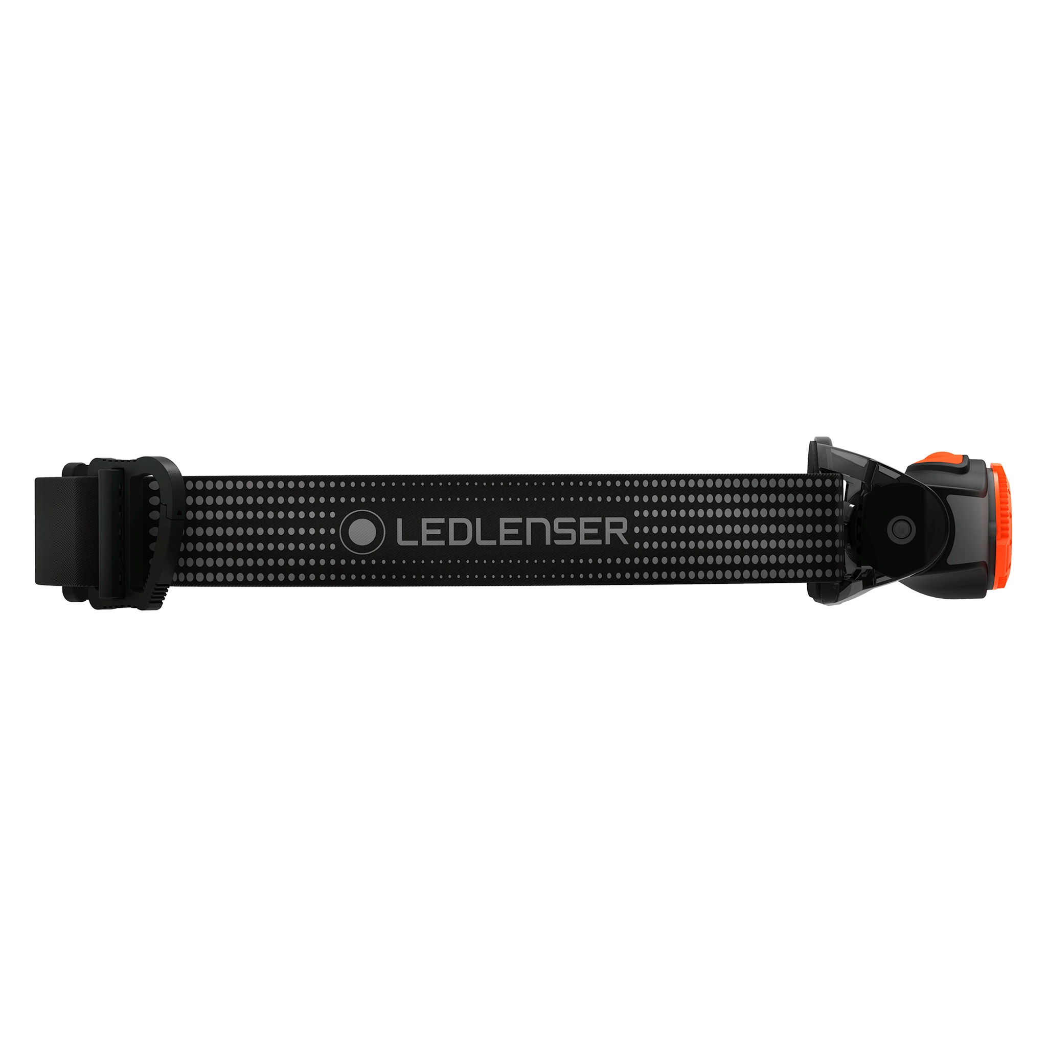 MH3 Headlamp with black adjustable strap and orange battery housing side profile view Ledlenser