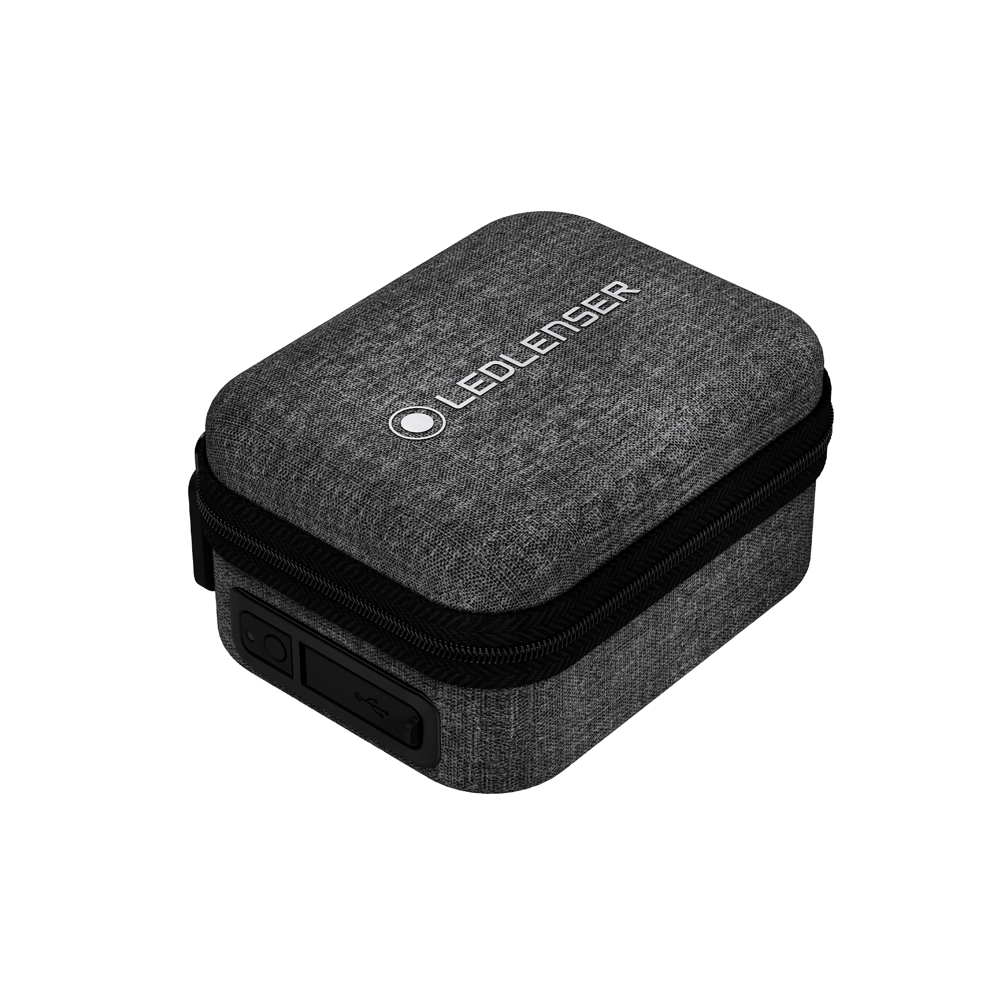 MH8 Powercase Combo Headlamp & Charging Case grey fabric carrying case with zipper and Ledlenser logo